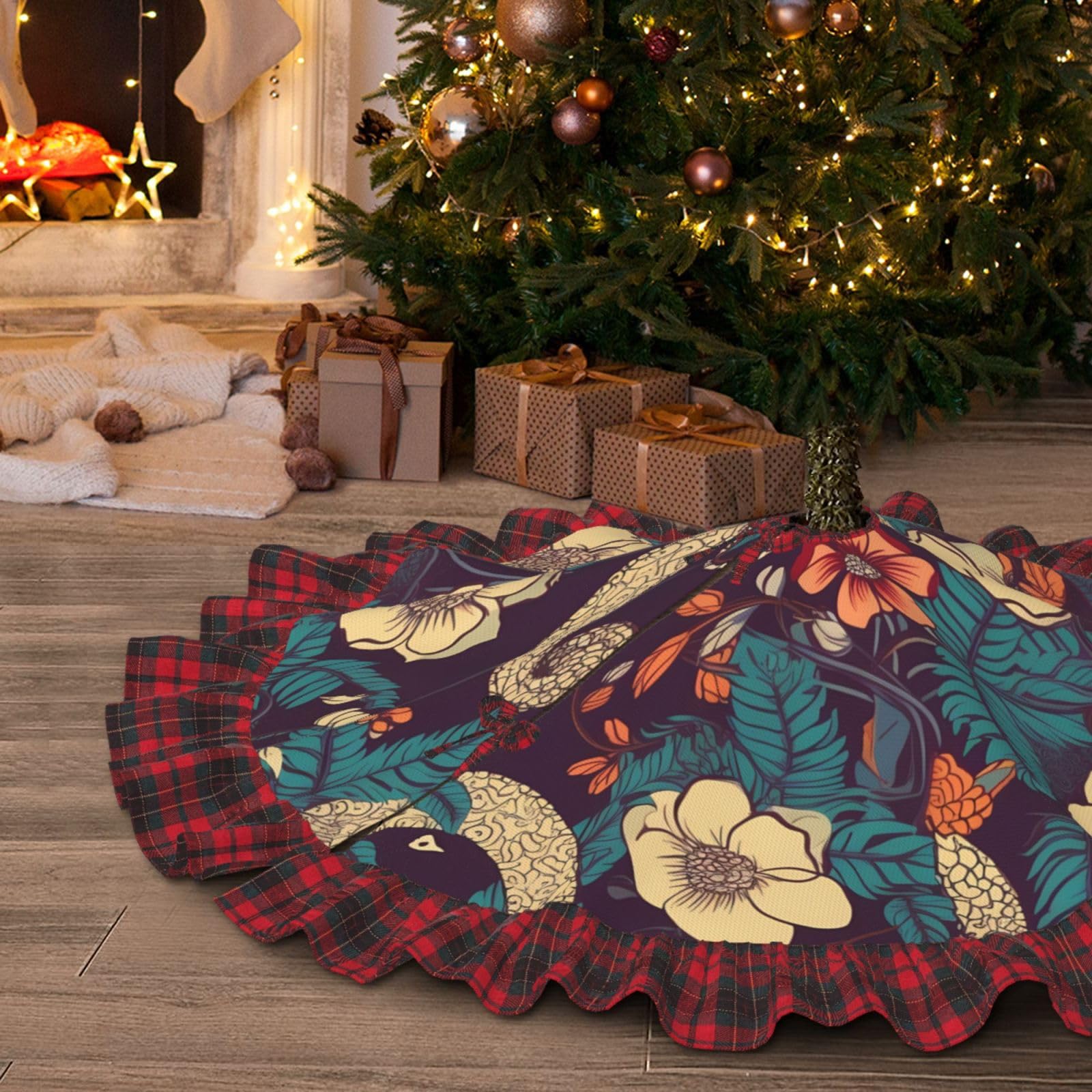 Jupe de sapin de Noël au motif imprimé serpent et fleur de style rustique chic