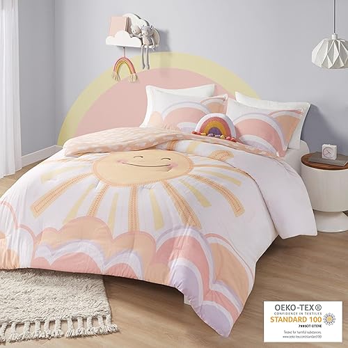 Miniatura 4 de Intelligent Design - Juego de edredón para niños, sol, emoji sonriente, estampado reversible de dibujos animados de arcoíris y nubes, alternativa al
