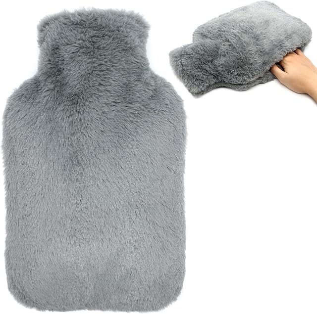 OWOZOI Fluffy Hot Water Bottle, Soft Furry Cover with Hand Pocket, 2L Large Capacity, Hot Water Bag for Pain Relief, Period Cramps, Back, Shoulder, Neck, Arthritis, Bed Warmer(Dark Grey)