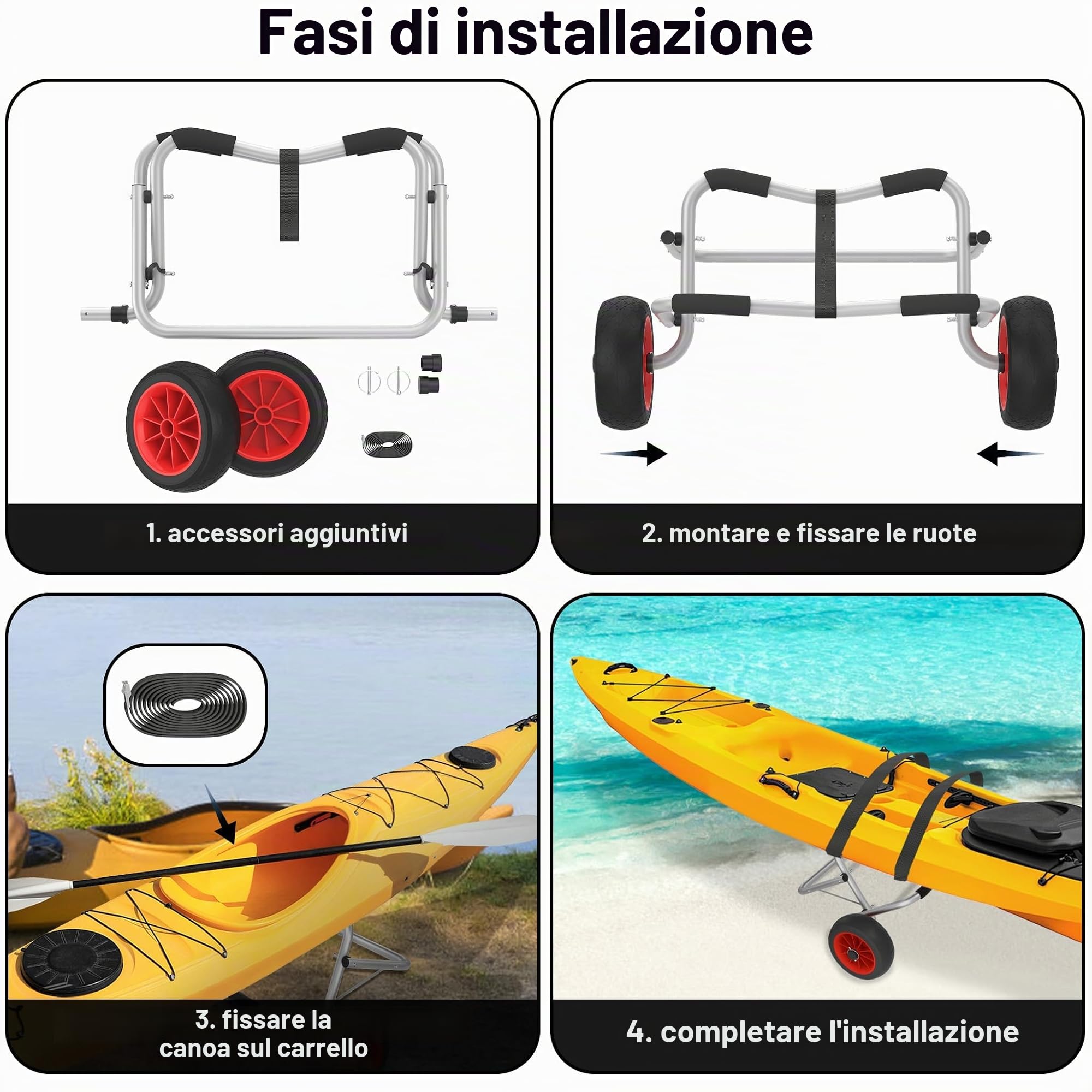 UISEBRT Kayak, carrello pieghevole per canoa, portata fino a 100 kg, con cinghie da 3 m, in alluminio, per canoa, kaya