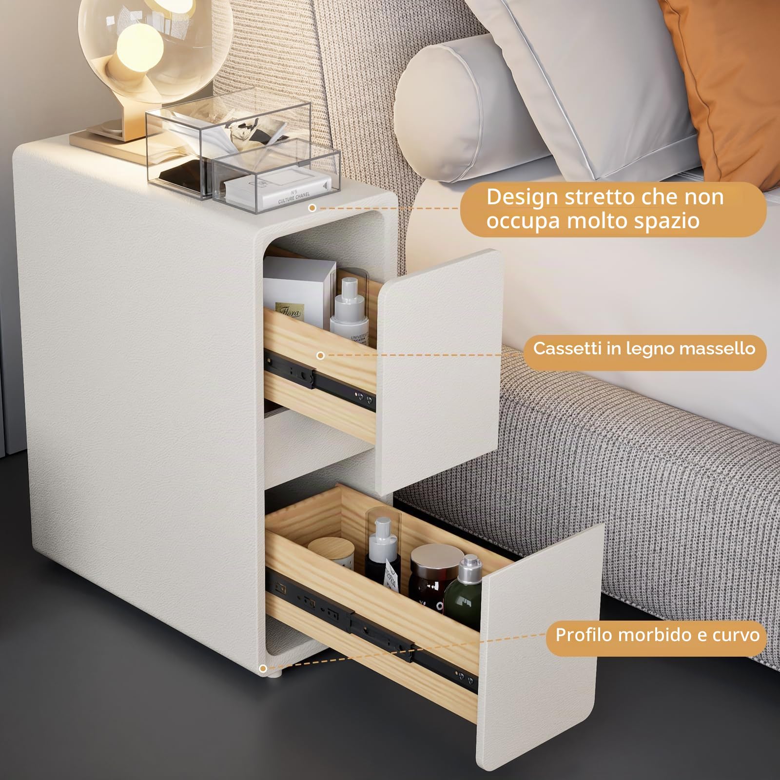 Comodino sottile, sottile, comodino moderno in pelle con 2 cassetti in legno massiccio, piccolo tavolino per camera da letto, soggiorno, 50 x 40 x 25 cm (bianco caldo)
