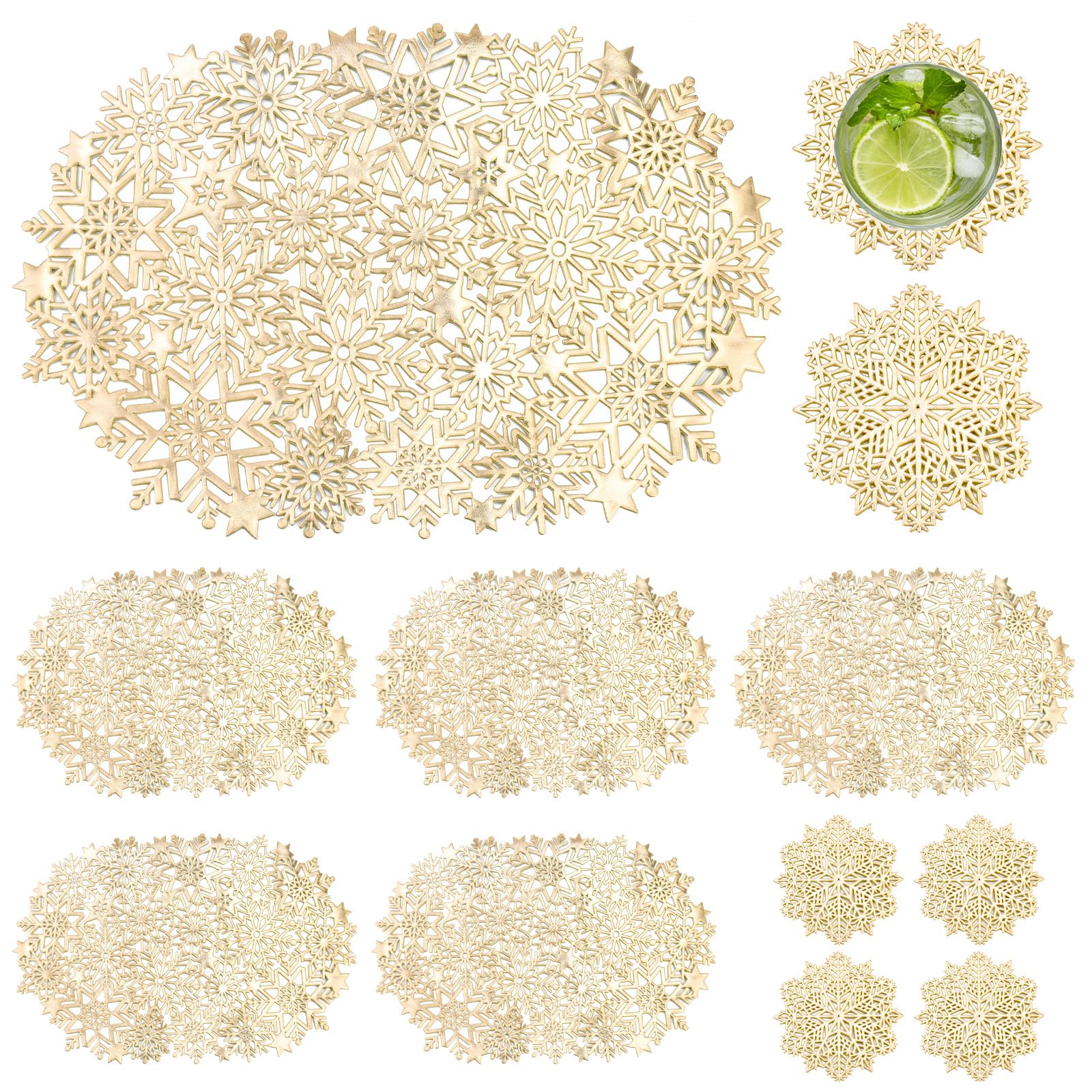 NAROSEBE 6 PCS Manteles Individuales para Navidad 6 PCS Posavasos con Forma de Copo de Nieve Salvamanteles Navideños Antideslizantes Placemat para Navidad Lavables Manteles Individuales Huecos de Oro