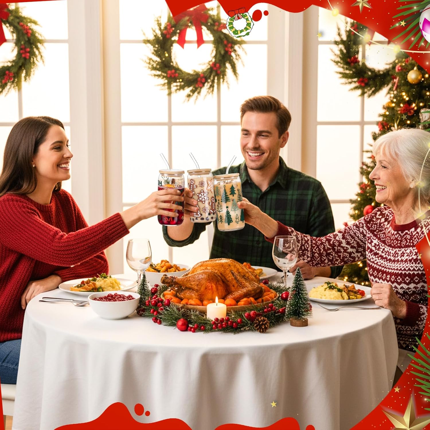 Vesici 6 Set Christmas Glasses Cups 16 oz Xmas Drink Cup with Lid Straw and Stopper Can Shaped Beer Tumbler Christmas Appreciation Gifts with Cards and Bow for Women Birthday Party Favor - Image 4