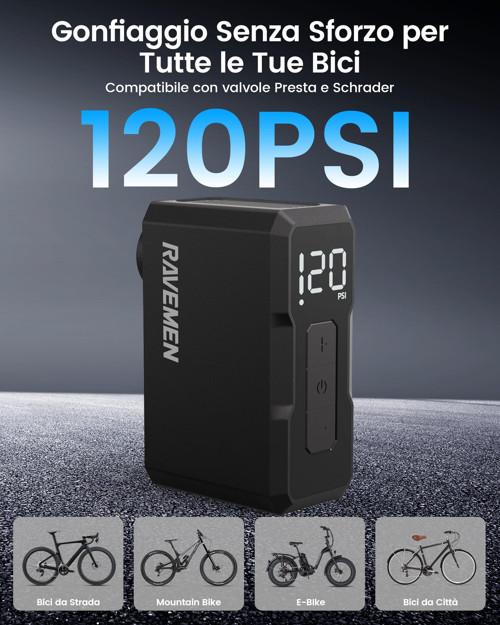 RAVEMEN EP01 Mini Pompa Elettrica per Bicicletta, Massima 120 PSI con manometro Portatile Pompa Arresto Automatico, Compatibile con Presta e Schrader Valvole per Bici da Strada e MTB, E-BIKE