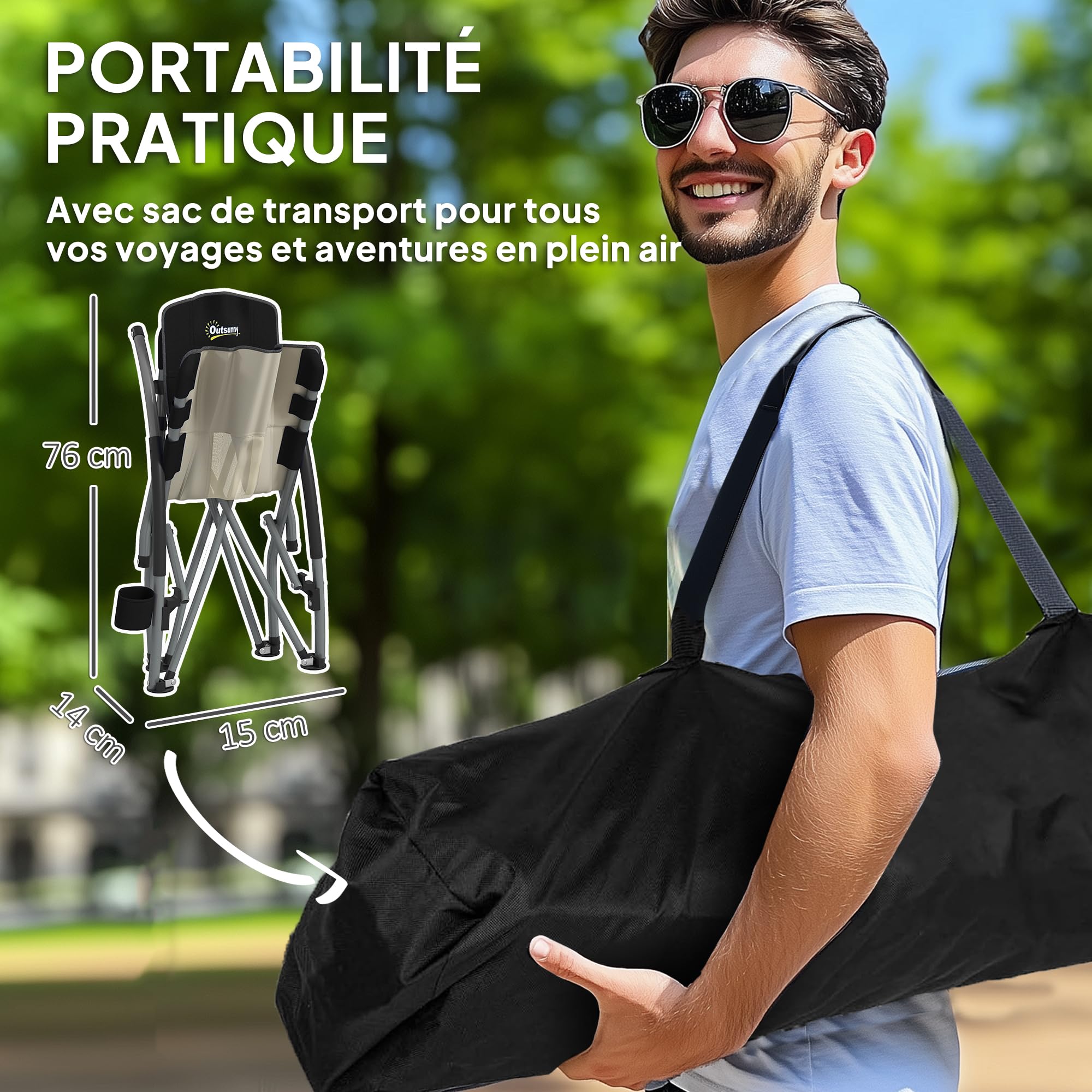 Outsunny Lot de 2 chaises de Plage Pliable, chaises Camping Pliante légère 2,2 kg, avec Dossier en Maille, Sac de Transport et Porte-gobelet pour Jardin, Pique-Nique, Festival, Voyage, Noir