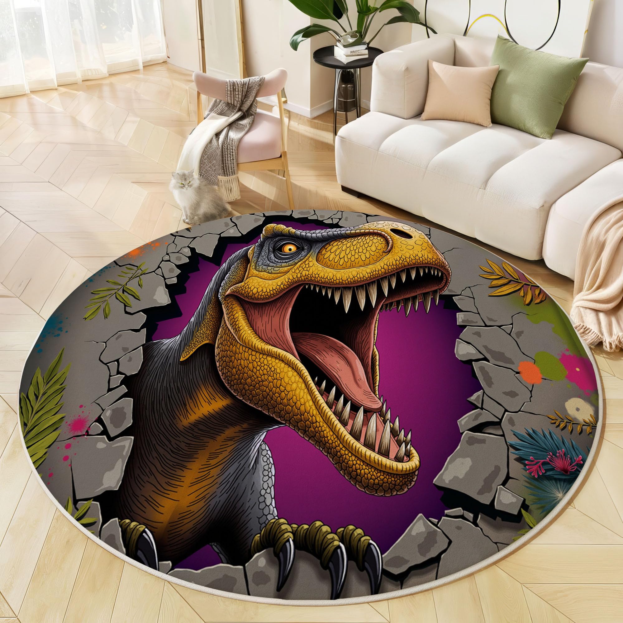 Tapis rond dinosaure pour salon et chambre : un espace de jeu propre et doux