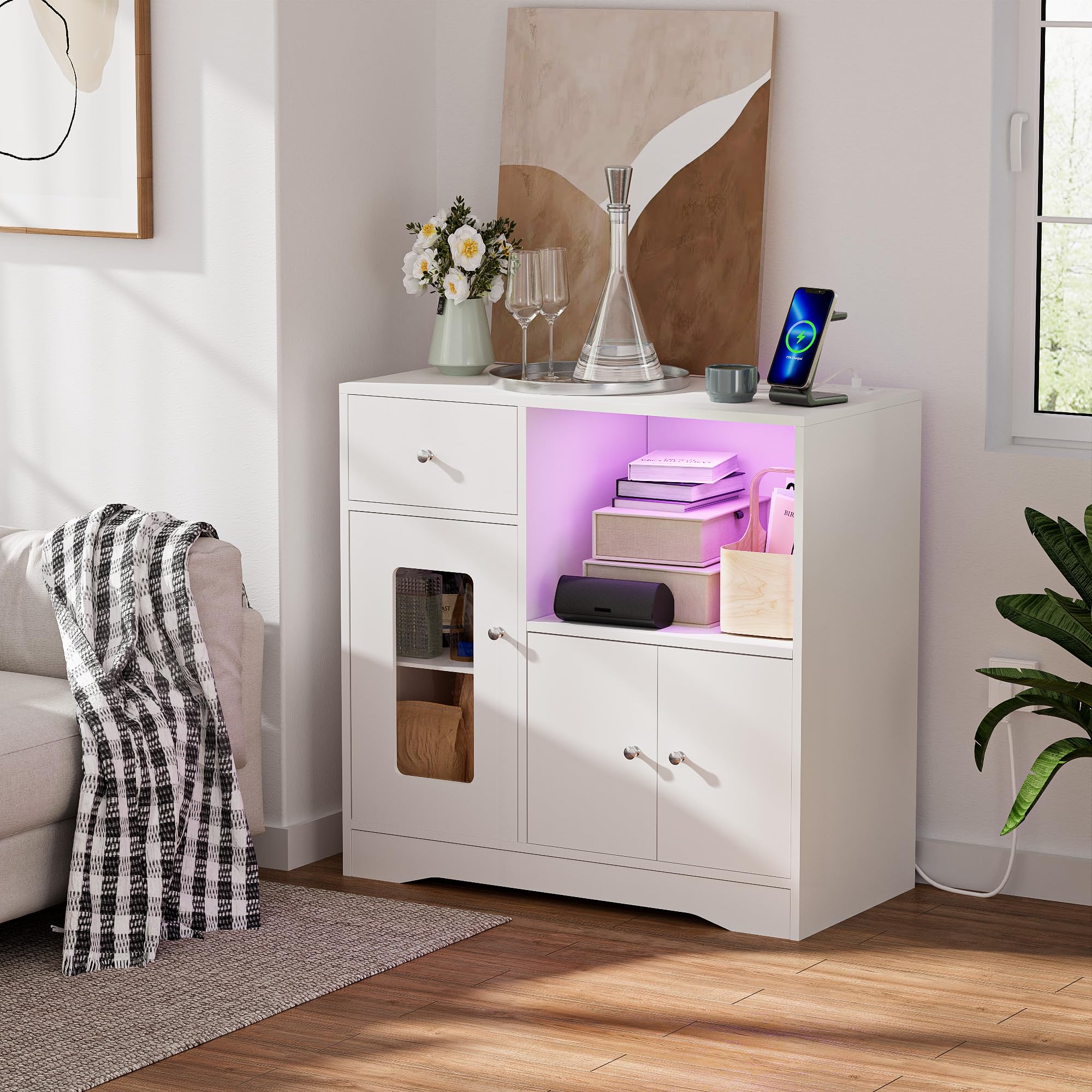 Aparador Cocina Mueble Auxiliar de Cocina Armario Buffet con Enchufe y LED, Mueble Microondas Cocina para Sala de Comedor Salón(Blanco, 83 x 40 x 80 cm)