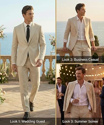 Men's Linen Suits 2pcs Slim Fit Beach Wedding Tuxedo Groomsmen Suit for Men