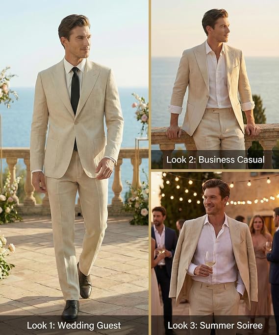 Men's Linen Suits 2pcs Slim Fit Beach Wedding Tuxedo Groomsmen Suit for Men
