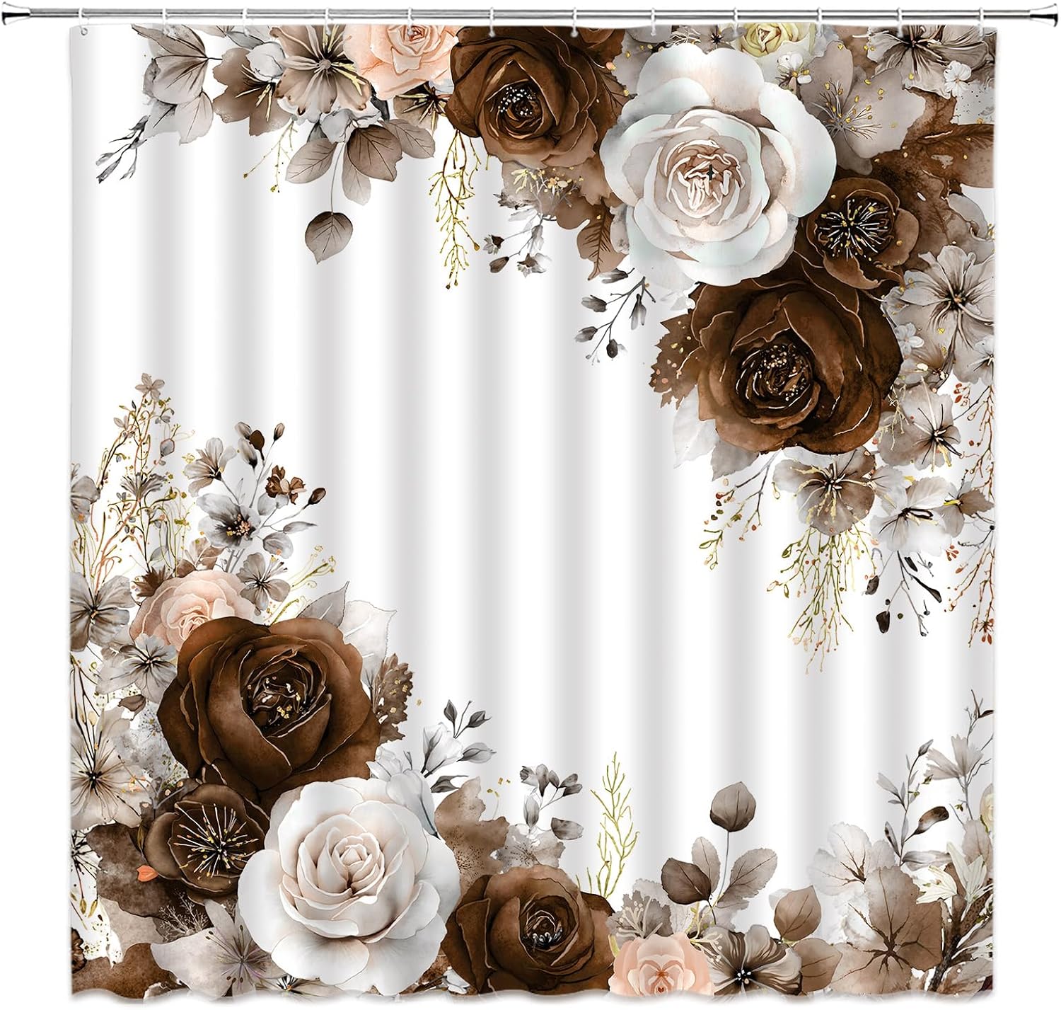 Brown Floral Shower Curtain Cute Rose Flower Spring Eucalyptus Leaf Girls Watercolor Plant Botanical Fabric Bathroom Decor Set with Hooks,(70" WX70 H)