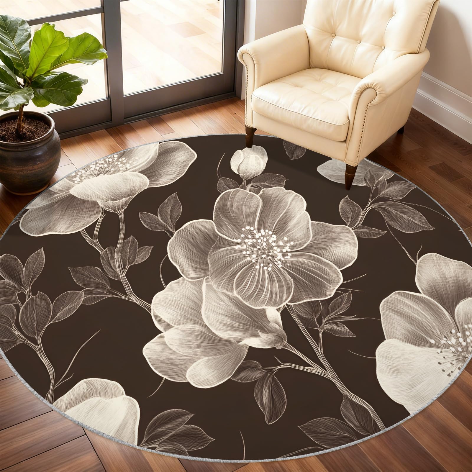 Tapis rond magnolia antidérapant pour protéger le sol du salon et lavable Sepia