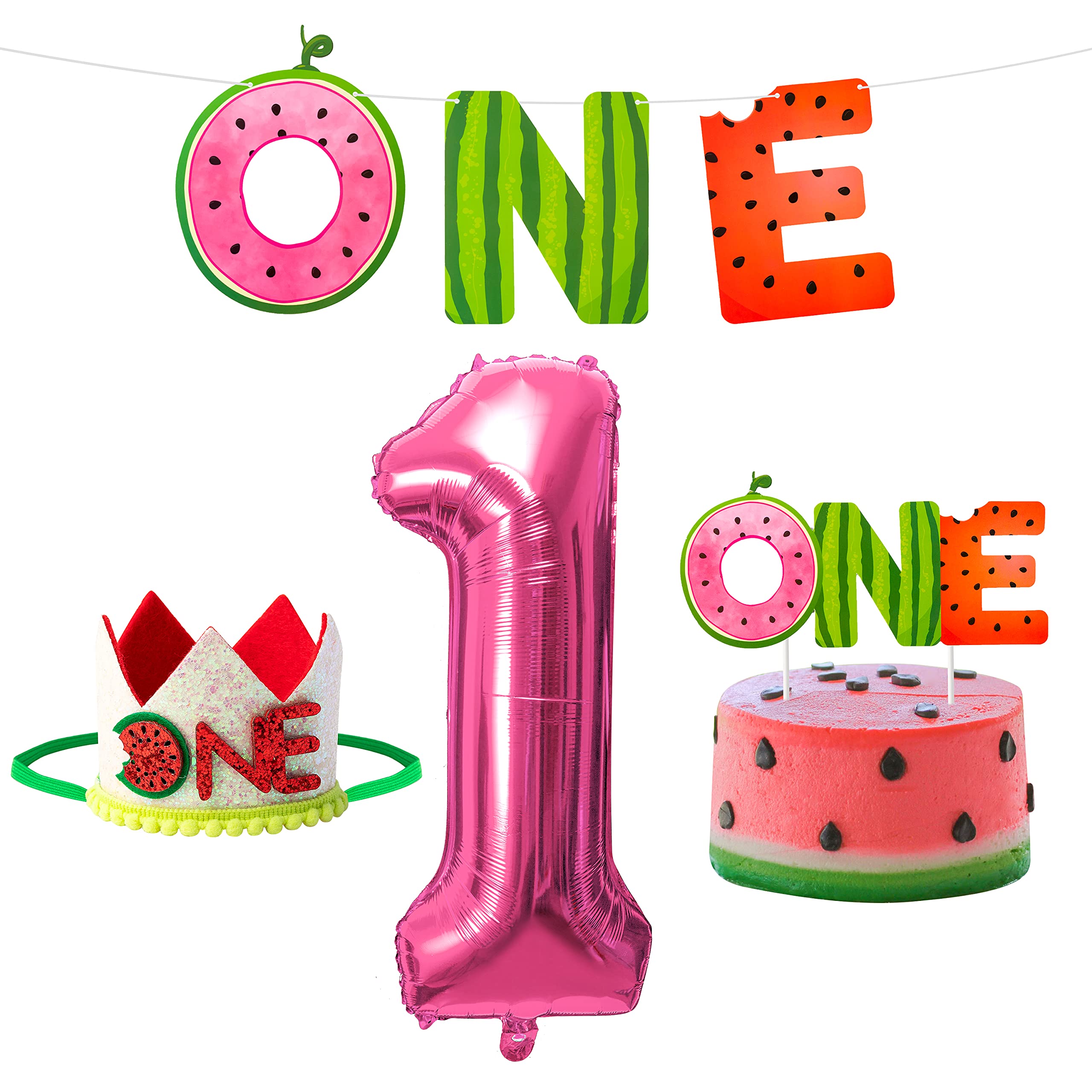 MALLMALL6 4Pcs Watermelon ONE First Birthday Party Decor in a Melon Summer Glitter Paper Banner Cake Topper Crown Rose Red Foil Balloon Kit Decorations Supplies Fruit Theme Photo Props for Baby Shower