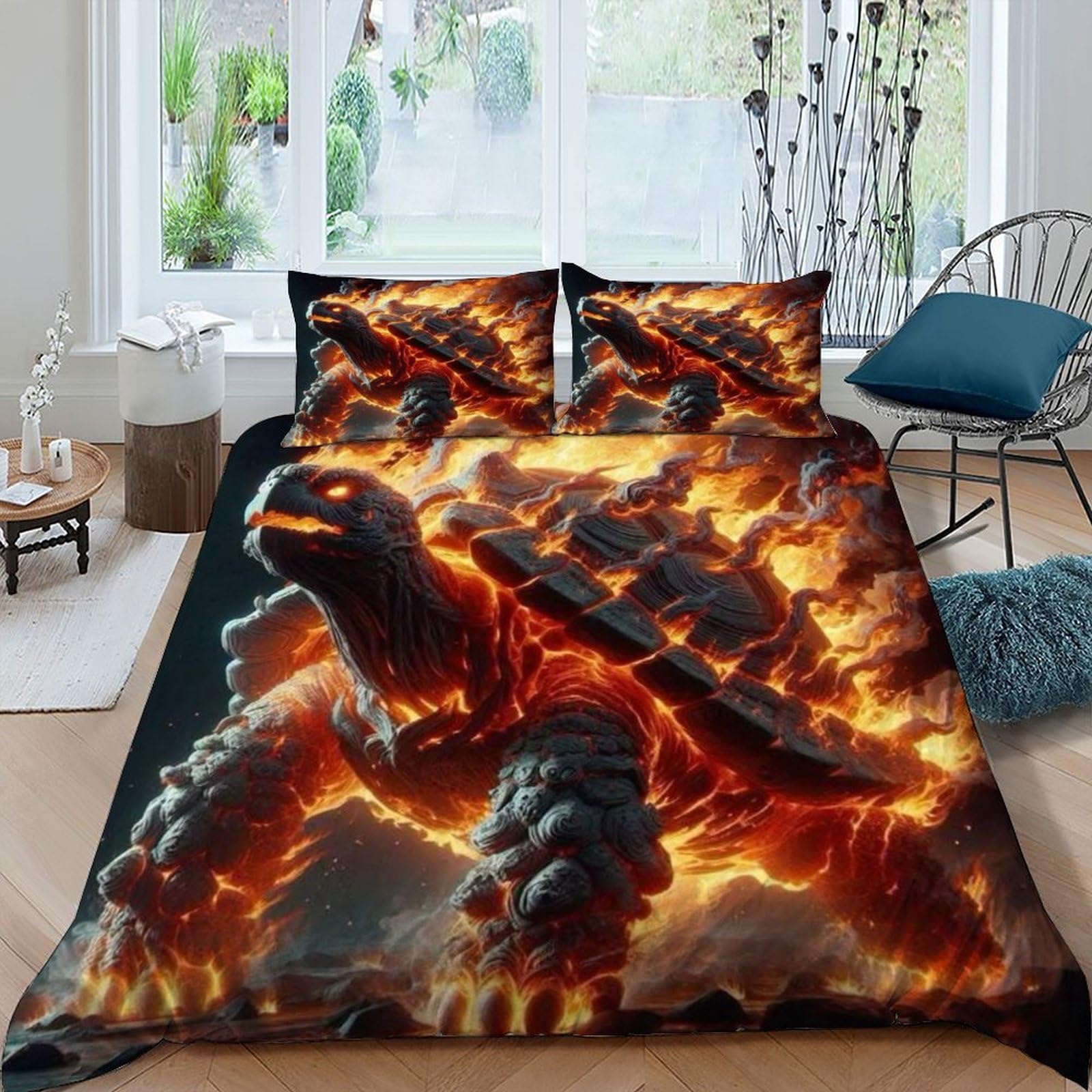 Housse de couette tortue géante de feu parure de lit 3 pièces microfibre King