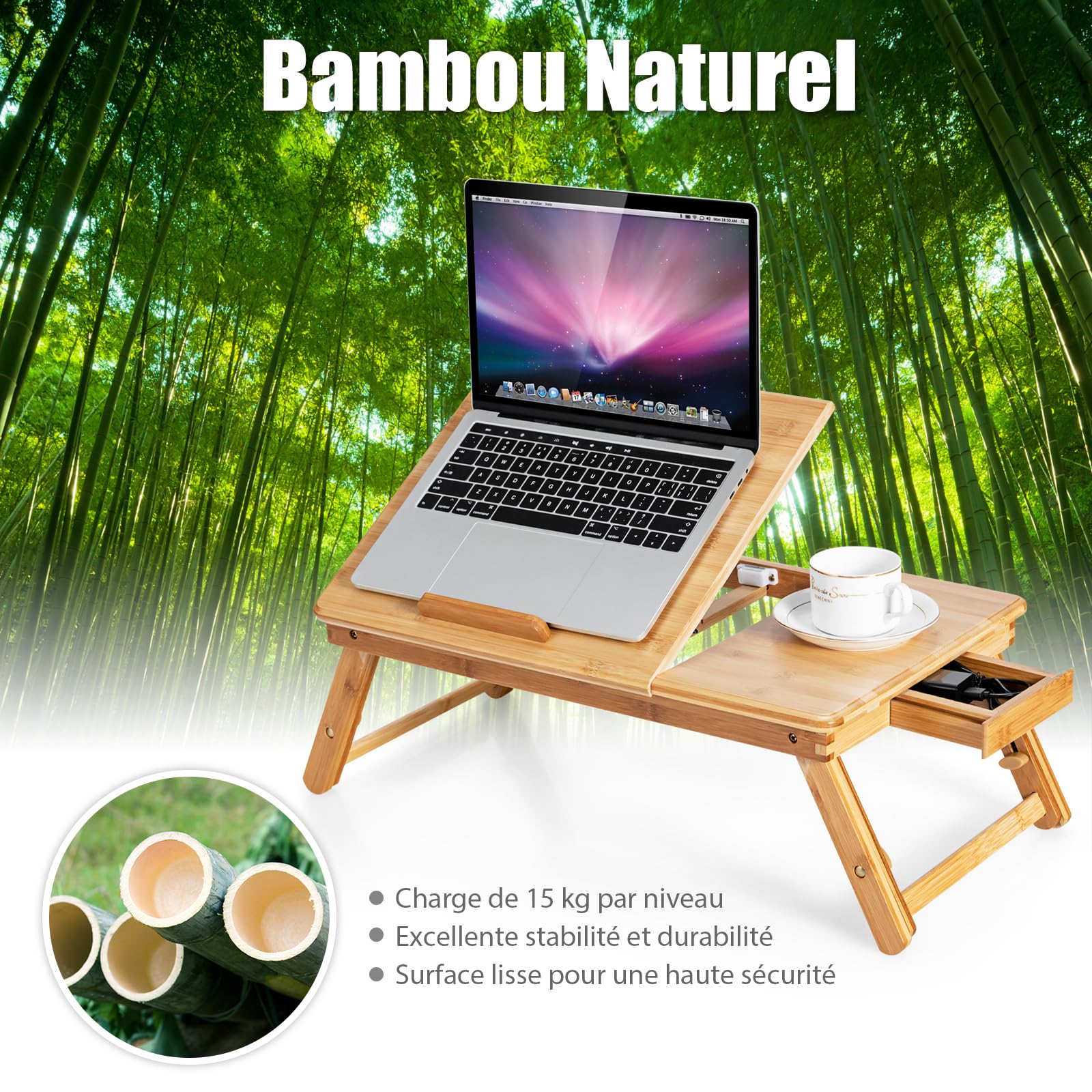 COSTWAY Table de Lit Pliable 53 x 33 cm, Plateau de Lit en Bambou avec Pieds Réglables et Plateau Inclinable, Support d'Ordinateur Portable avec Tiroir et Trous d'Aération (Naturel)