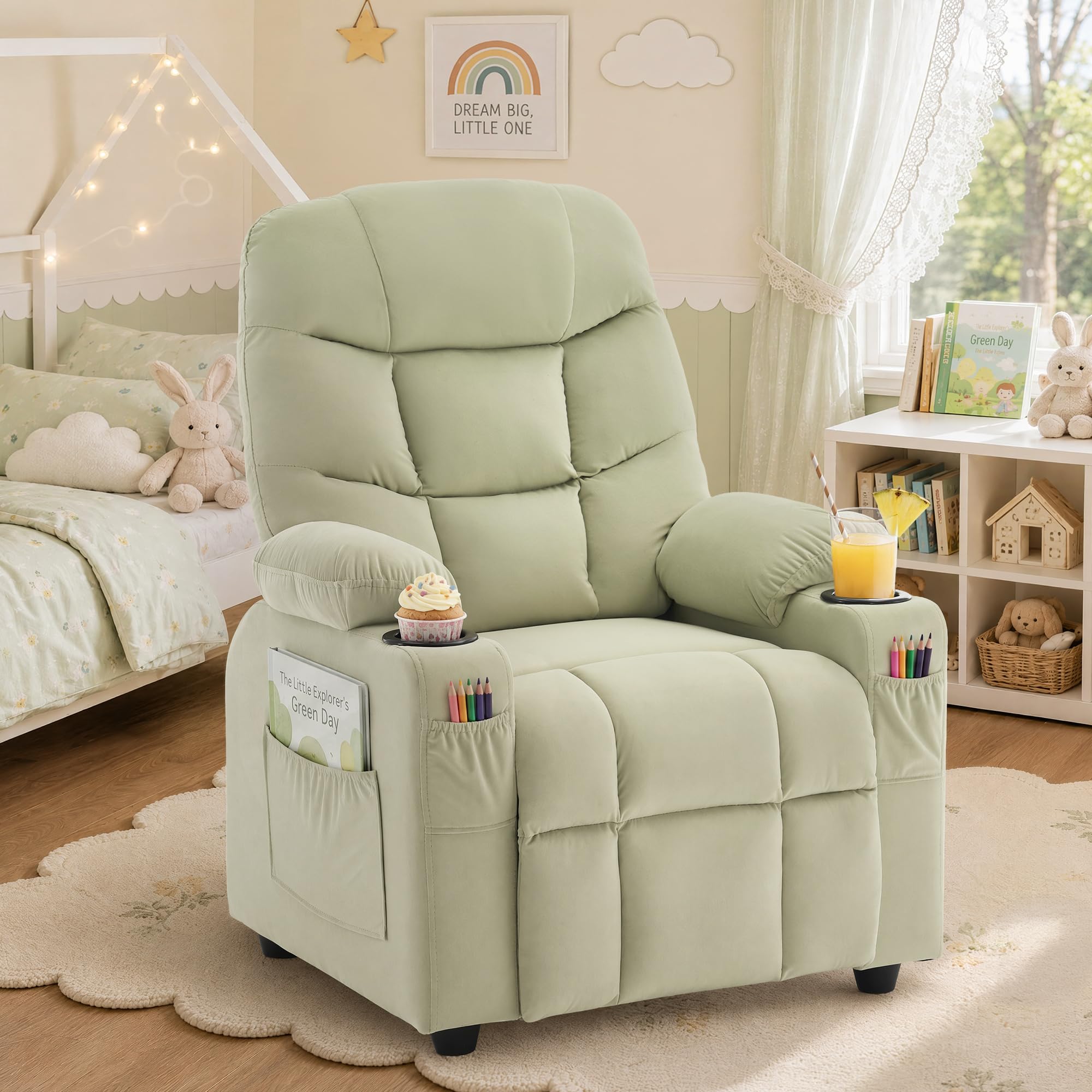 Kids Recliner Chair Velvet Reclining Toddler Push Back Big Sofa Ages 3-12