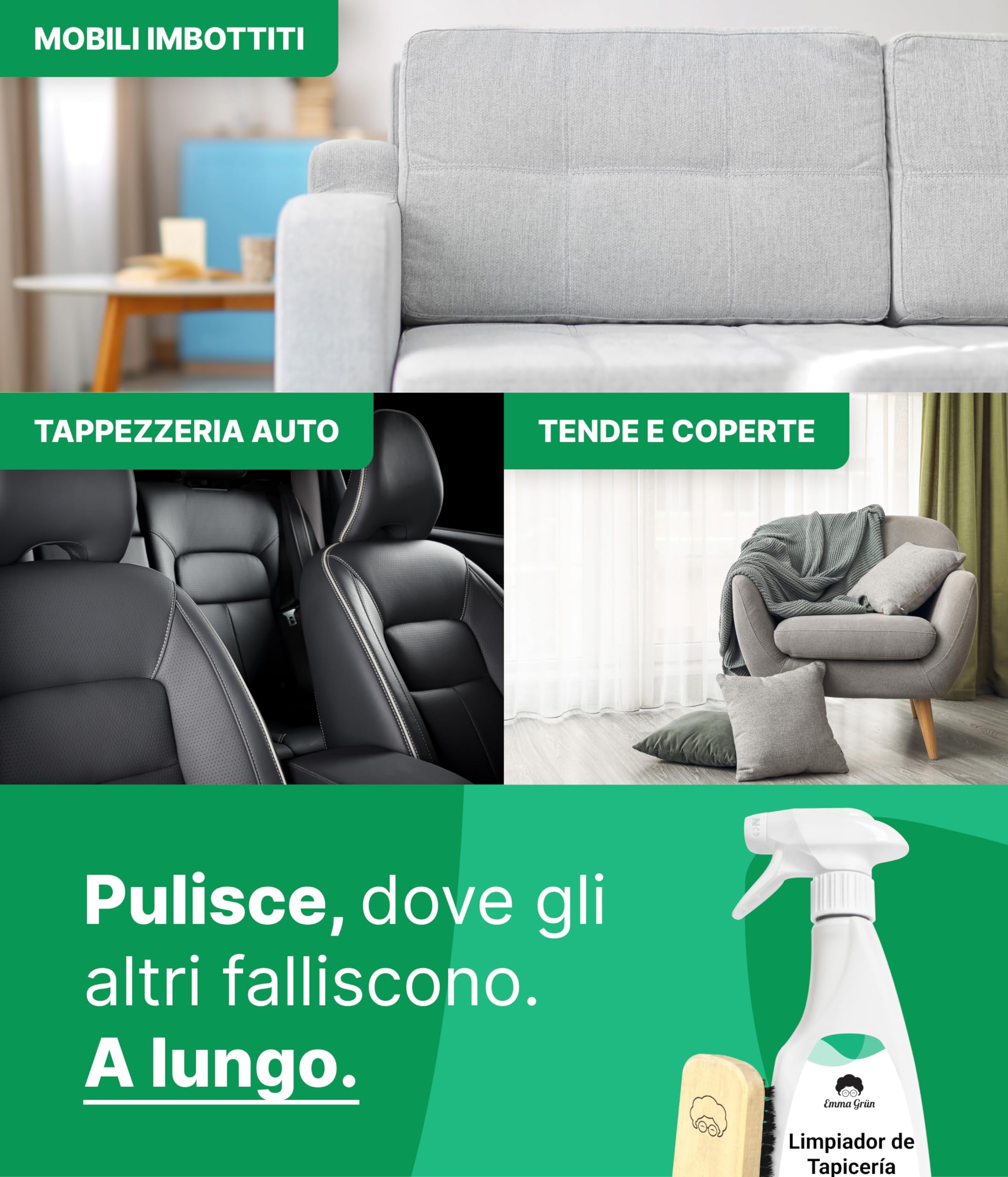 Emma Grün® Pulisci Divano e Sedili Auto Tessuto 500ml [+Spazzola] - Smacchiatore a Secco per Tessuti