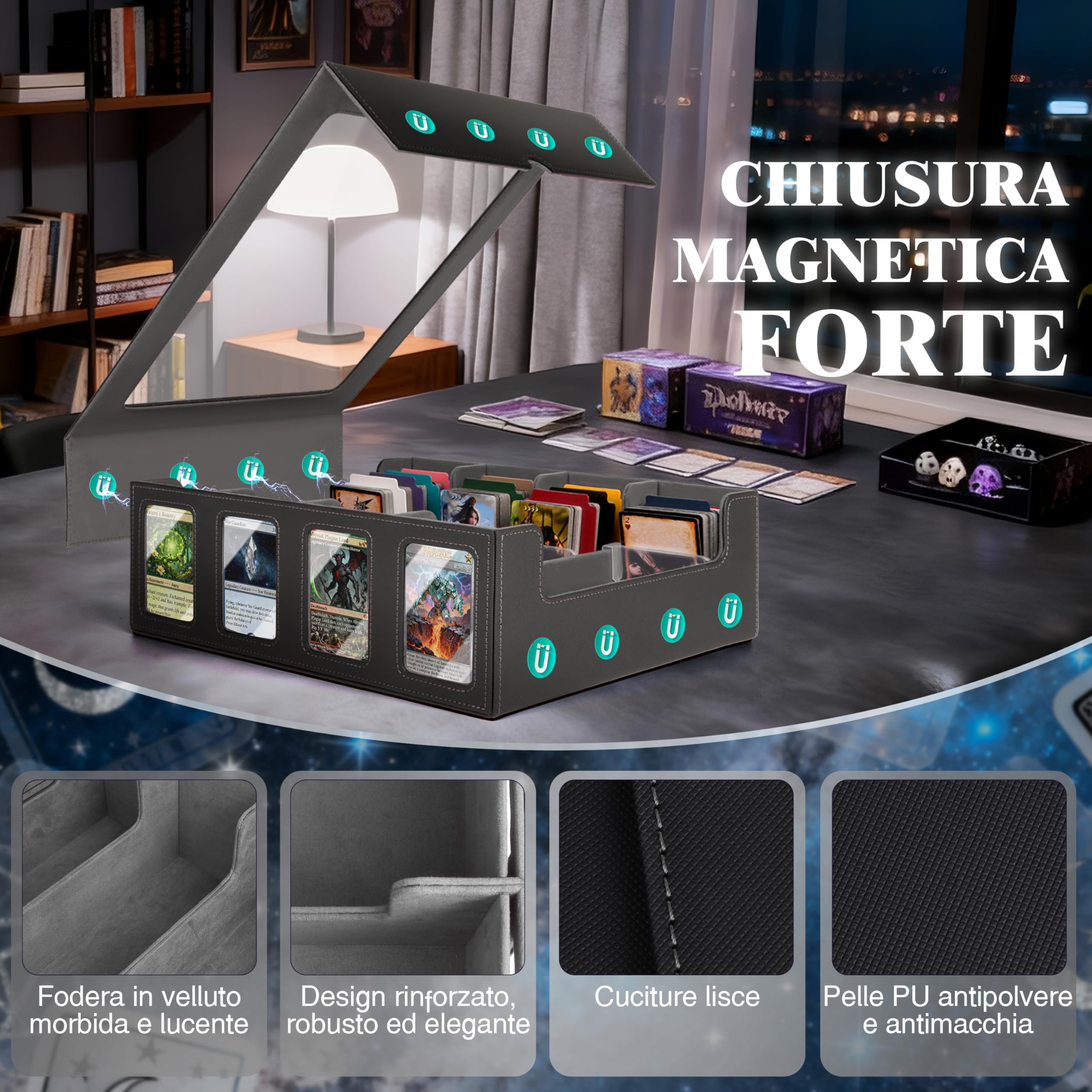 Charmofun Deck Box per Carte, Magnetic Scatola di Carte da Collezione per Oltre 2800+, Porta Deck con Pelle PU e Chiusura Magnetica, 10 Divisori per Carte, 4 Clip Divisorie (Grigio, 2400+)