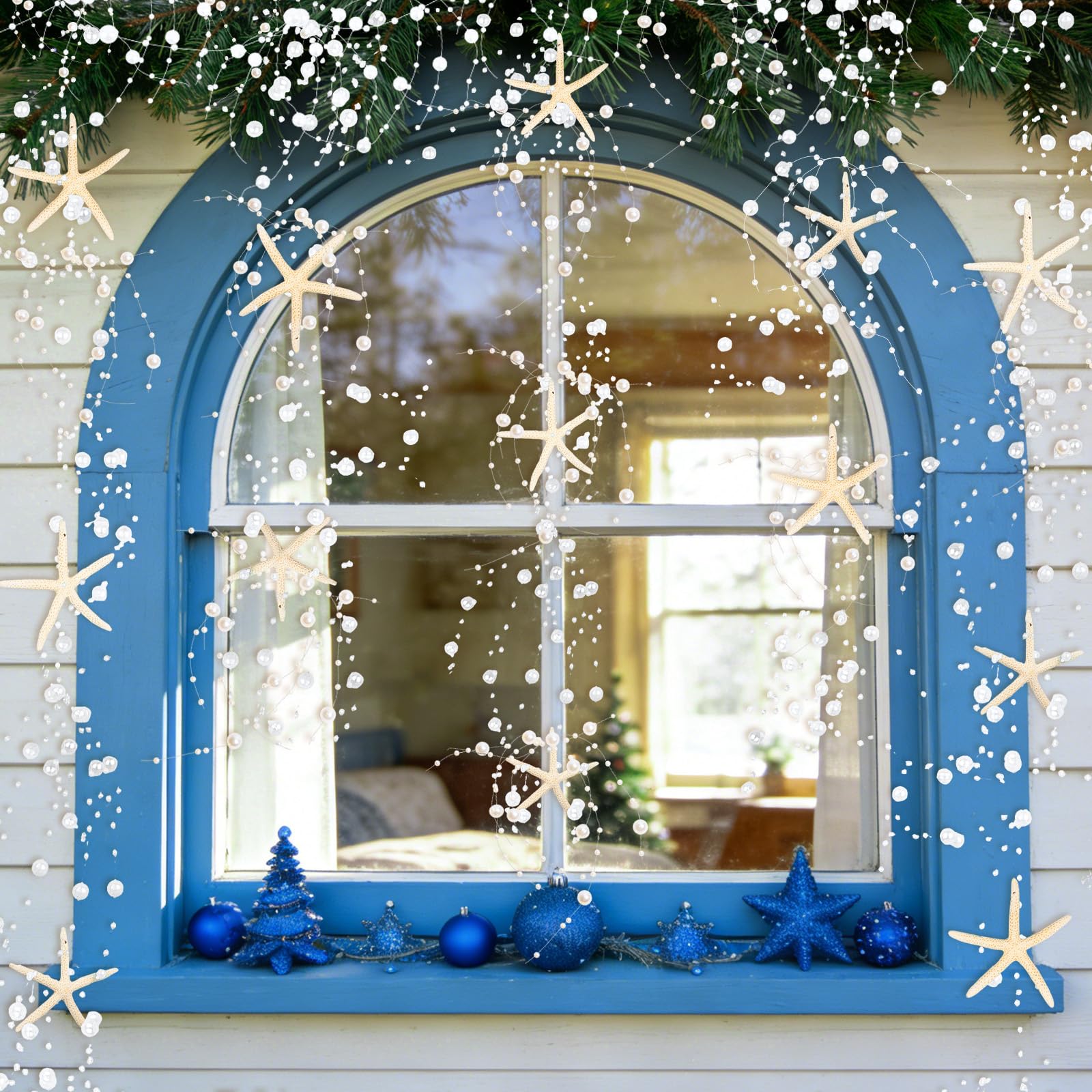 Perlen Seestern Girlande Weihnachtsdekorationen 203,2 cm natürliche Seestern Weihnachten Perlen Girlande mit 6 Stück Finger Seestern für Weihnachtsbaum Strand Heimdekoration Lieferungen Perlen
