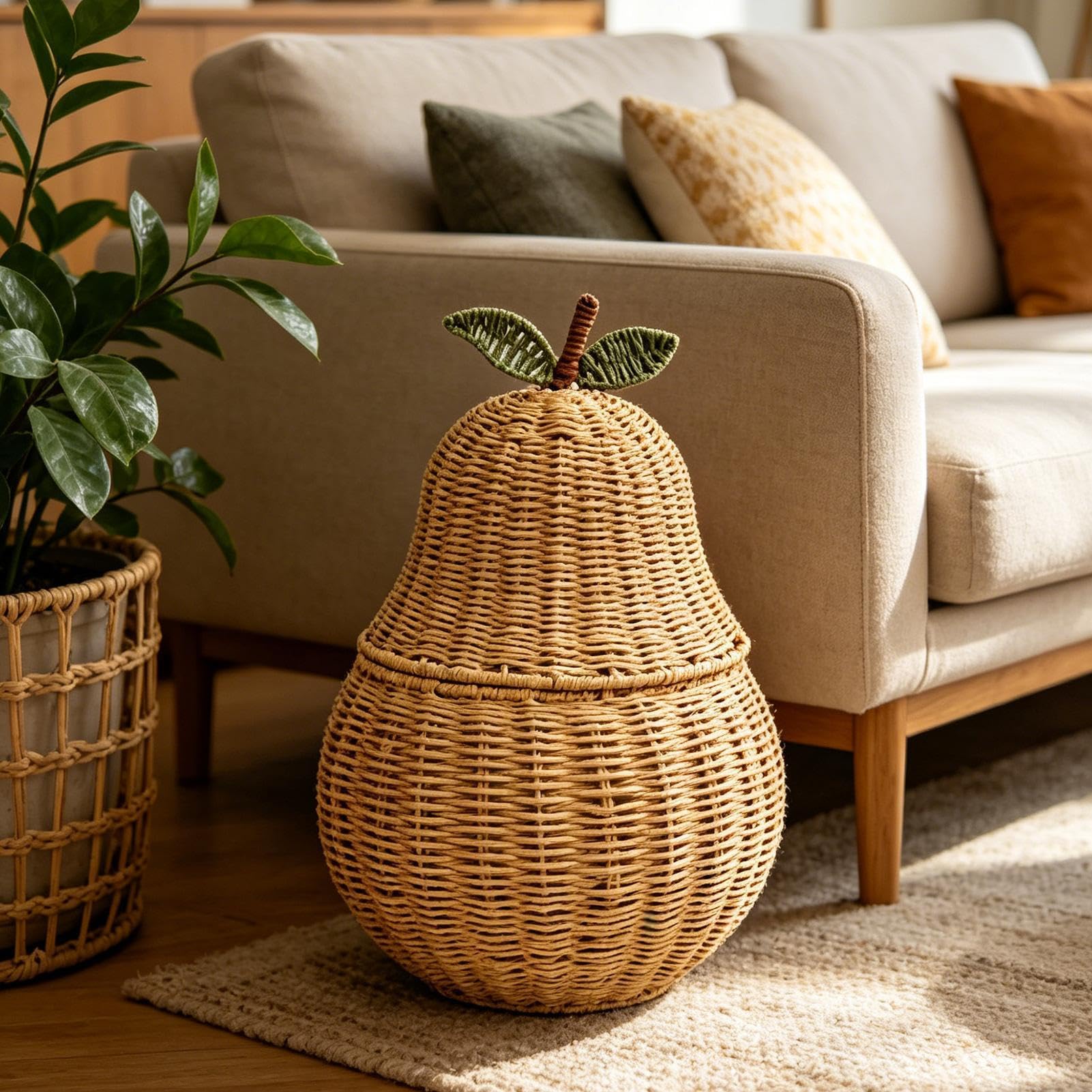 Cesta Almacenamiento Tejida a Mano Diseño Periforme con Tapa y Cuerda de | Cesta Tejida A Mano Artesanal Con Tapa Para Mesas Centro, Estanterías, Alféizares, Salón, Despensa, Dormit