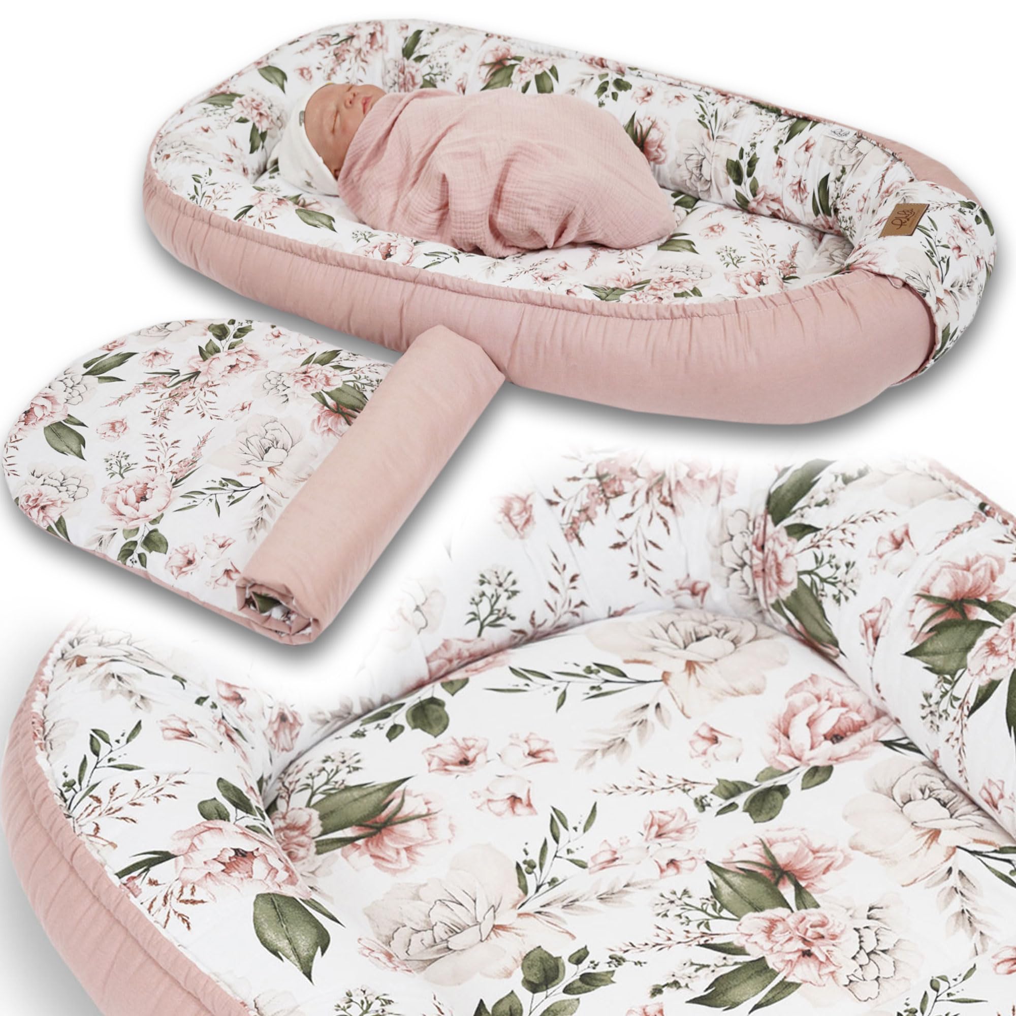 PaLulli® Extra Großes Babynest 100x60 cm | Set mit herausnehmbarer Einlage Baumwolle | Beidseitig nutzbares Kuschelnest für Babys | Handgefertigt, Atmungsaktiv & Sicher (Rosa)
