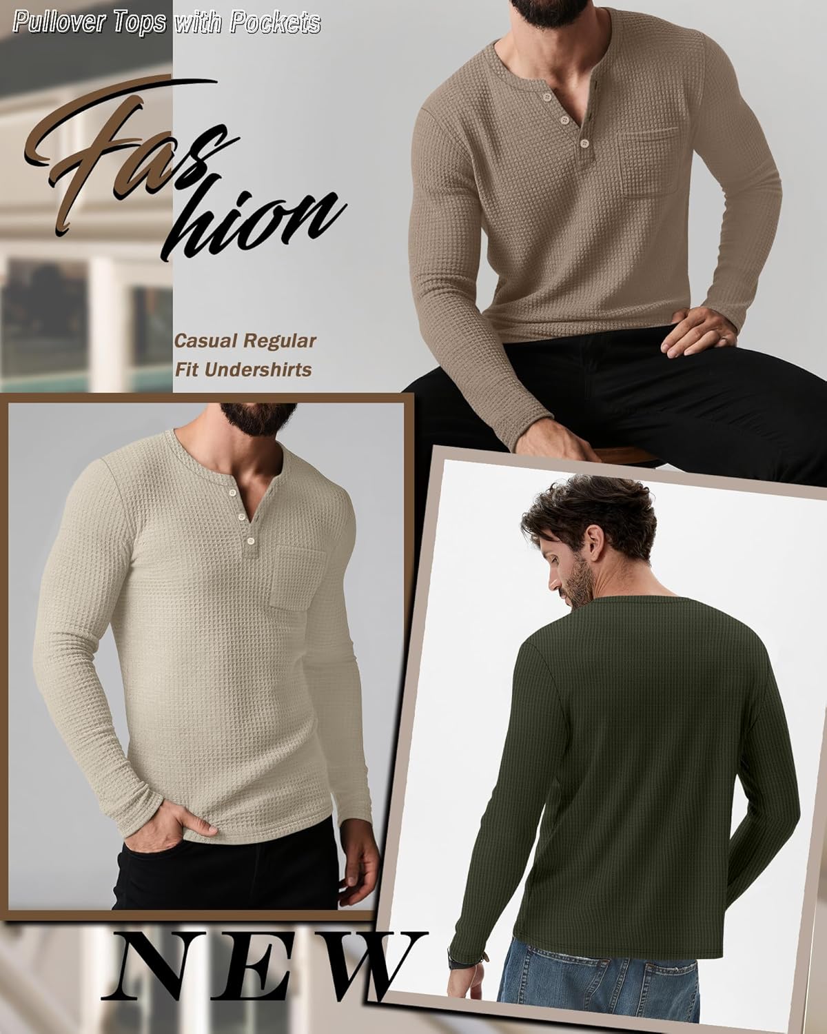 3 Pack Men's Waffle Henley Long Sleeve Thermal Shirts, Lightweight Casual Undershirts Pullover Tops with Pockets - Image 5