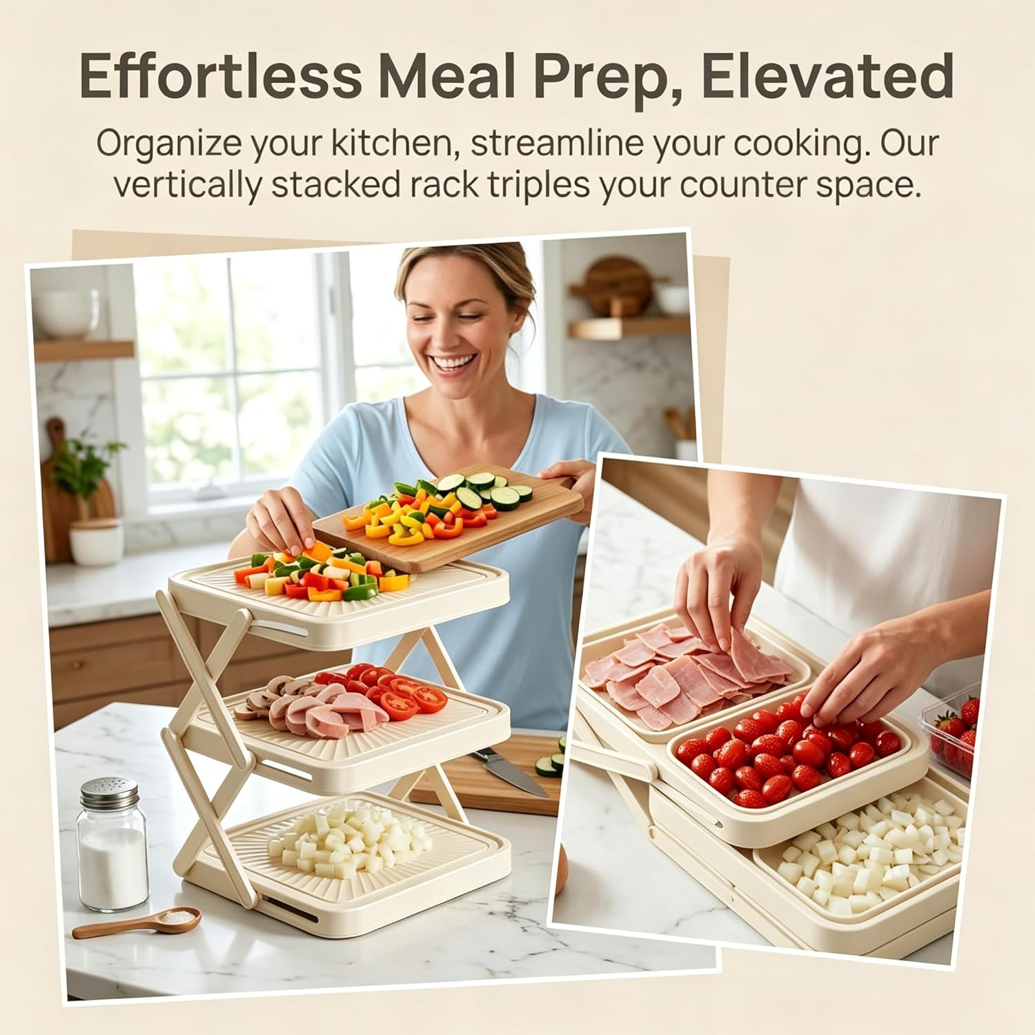Generic Prep Tray Storage Rack, 3-Tier Foldable, Vertical Plate Racks for Kitchen Cabinet, Multifunctional Dish Storage Organizer, No-Drill Prep Station Rack for Vegetables (1s)