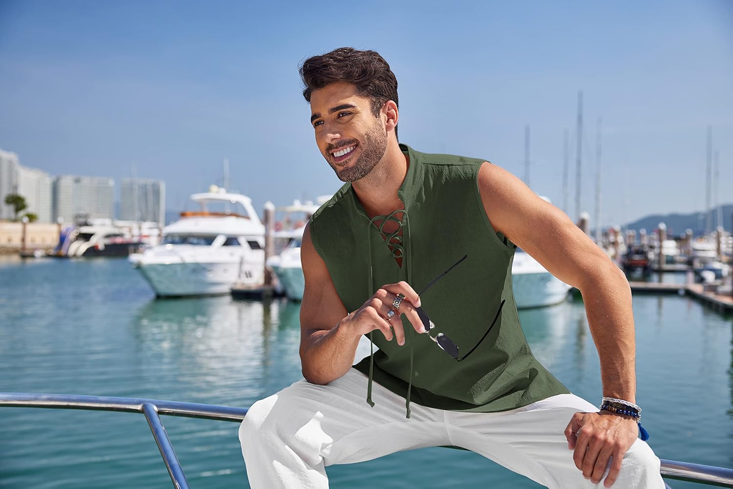 COOFANDY Men Tank Top Cotton Linen Beach Sleeveless Shirt Lace Up Bohemian Hippie Renaissance Pirate Kilt Medieval Tunic - Image 3