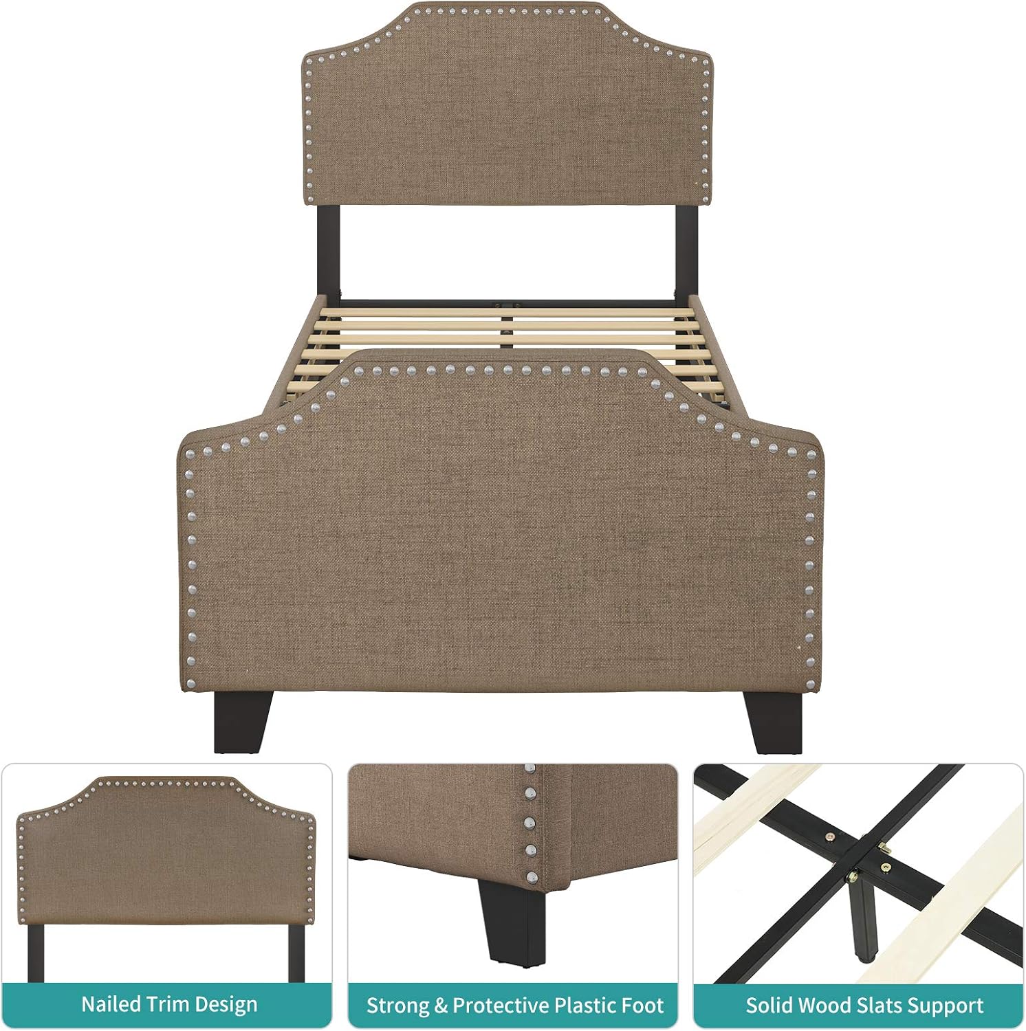 mecor Twin Upholstered Linen Platform Bed with Curved Shape Headboard and Footboard, Metal Frame with Strong Wood Slat Support, Headboard Height Adjustable, No Box Spring Needed, Brown, Twin Size