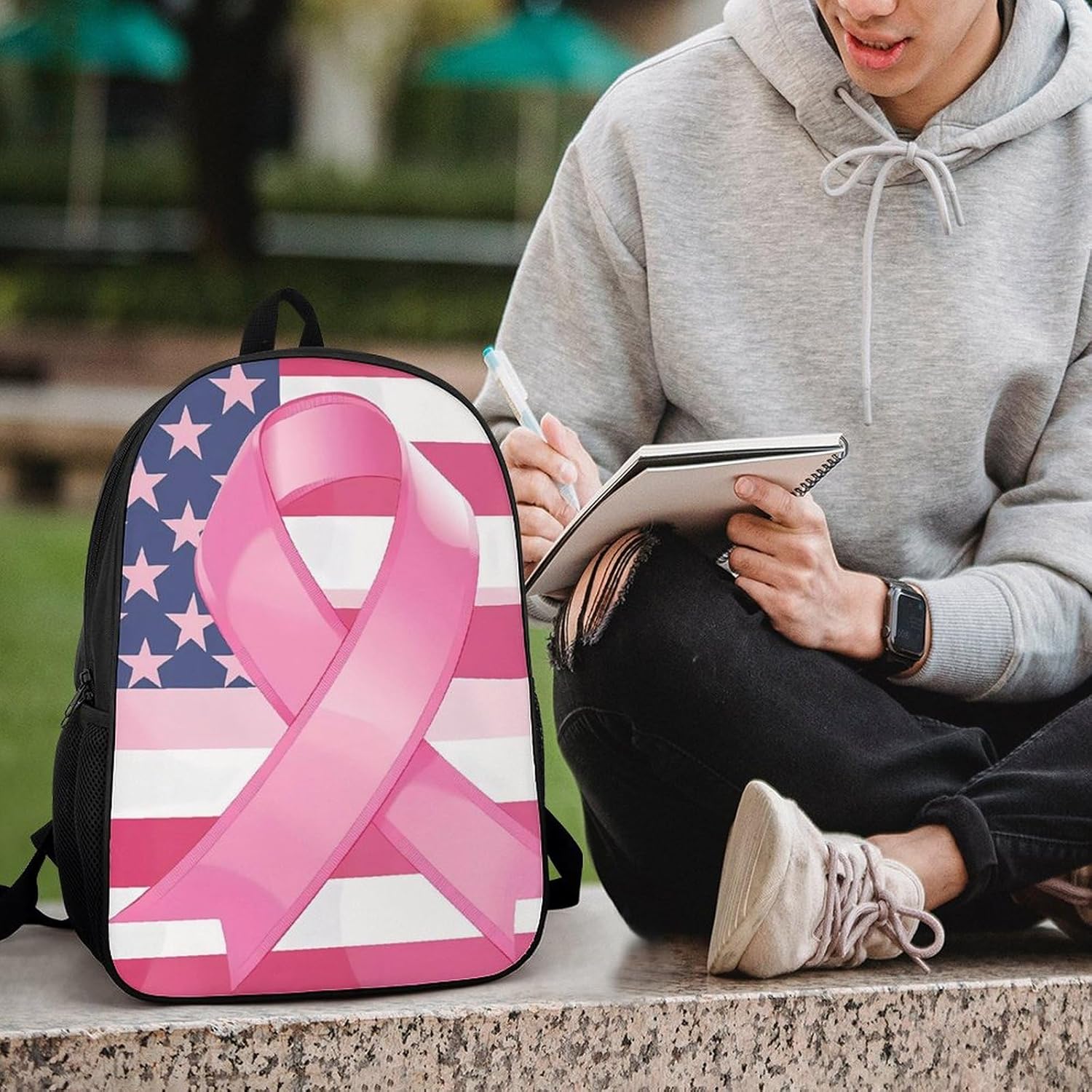 Ribbon Breast Cancer Awareness Flag Laptop Backpack for Men Women 17 Inch Shoulder Bag Travel Daypack