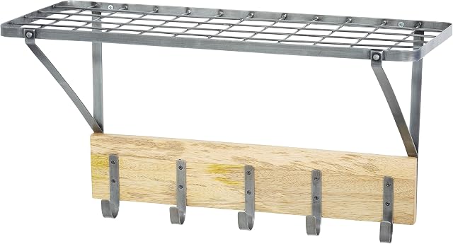 KitchenCraft Industrial Kitchen Wall-Mounted Shelf with Hooks, 32.5 x 60 x 25.5 cm (1'1" x 2' x 10")