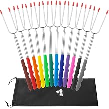 UNCO- Extra Long Marshmallow Roasting Sticks, 12 pcs, 45", Colorful Rubber Handles, Extendable Stainless Steel Marshmallow Roasting Sticks with Canvas Storage Bag, Skewers for Smores Skewers