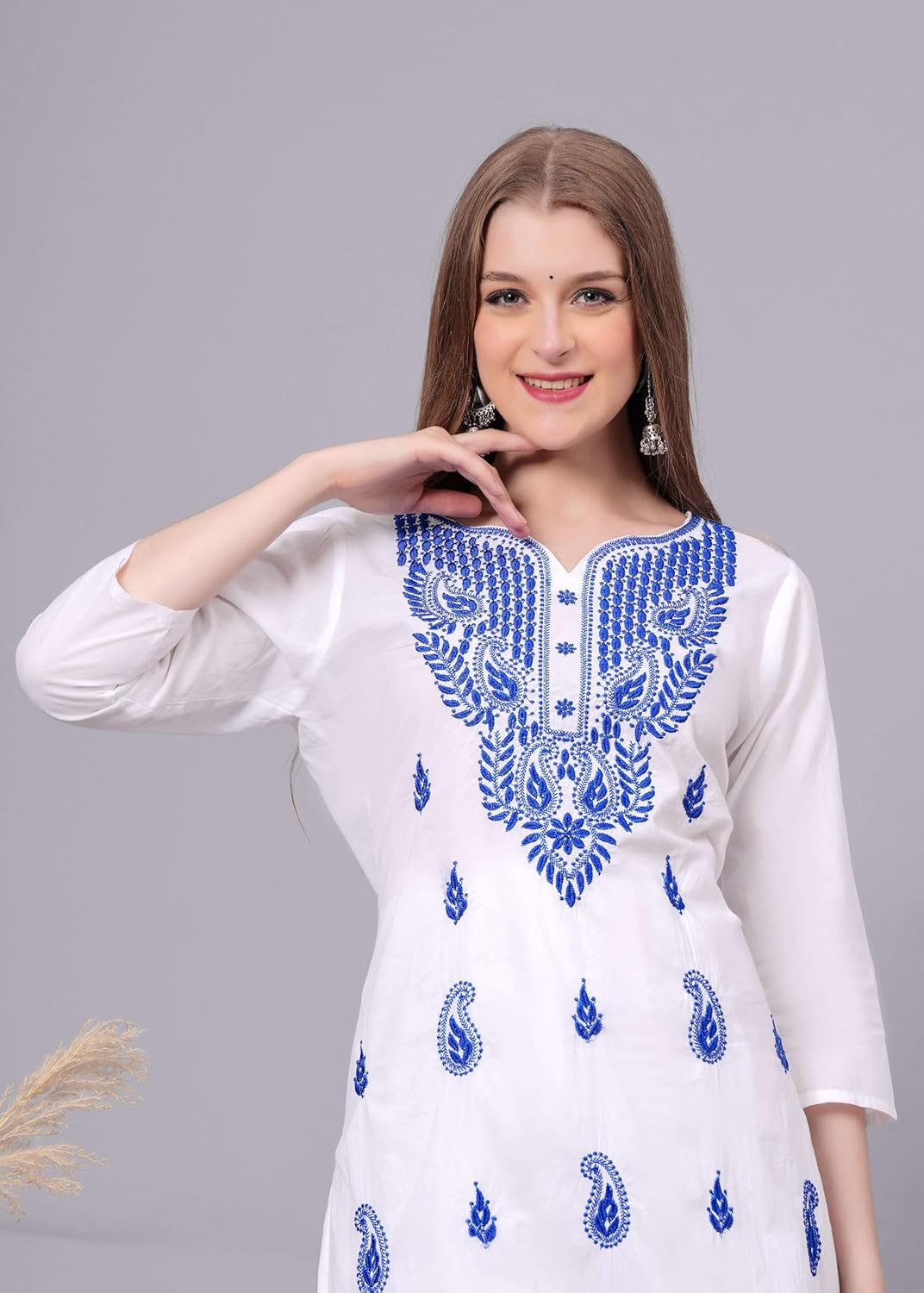 JG JAI GOVINDAM Women's Traditional Chikankari Cotton Kurti Indian Hand Embroidered Kurti Tunic for Women - Image 4