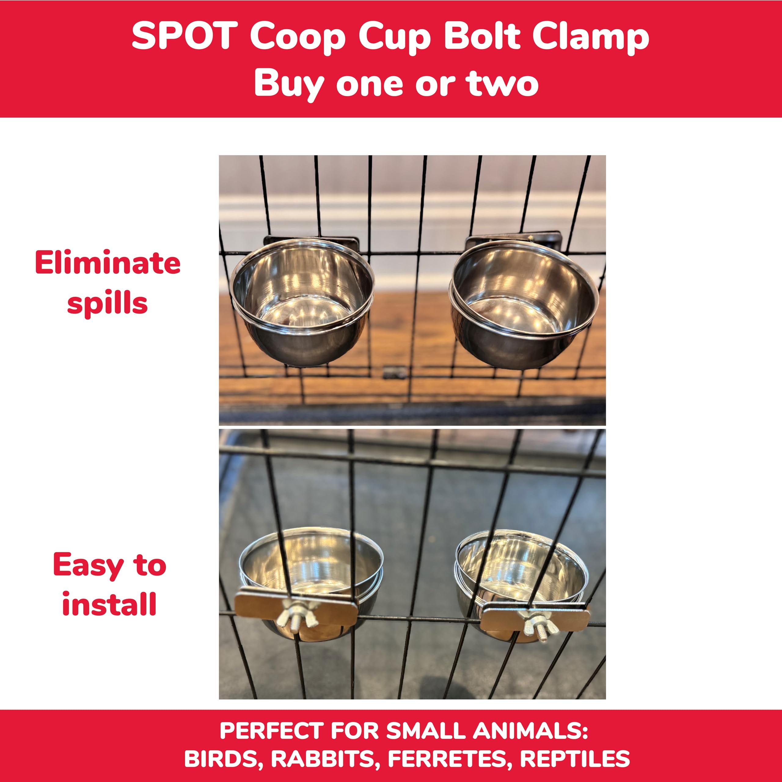 SPOT Coop Cup Bolt Clamp - Stainless Steel Hanging Bowl for Crates, Removable, Chew-Proof Pet Feeding Dish, Ideal for Birds, Parrots, Rabbits, Ferrets, Reptiles, 1.25 Cups (10 Oz) - image 3