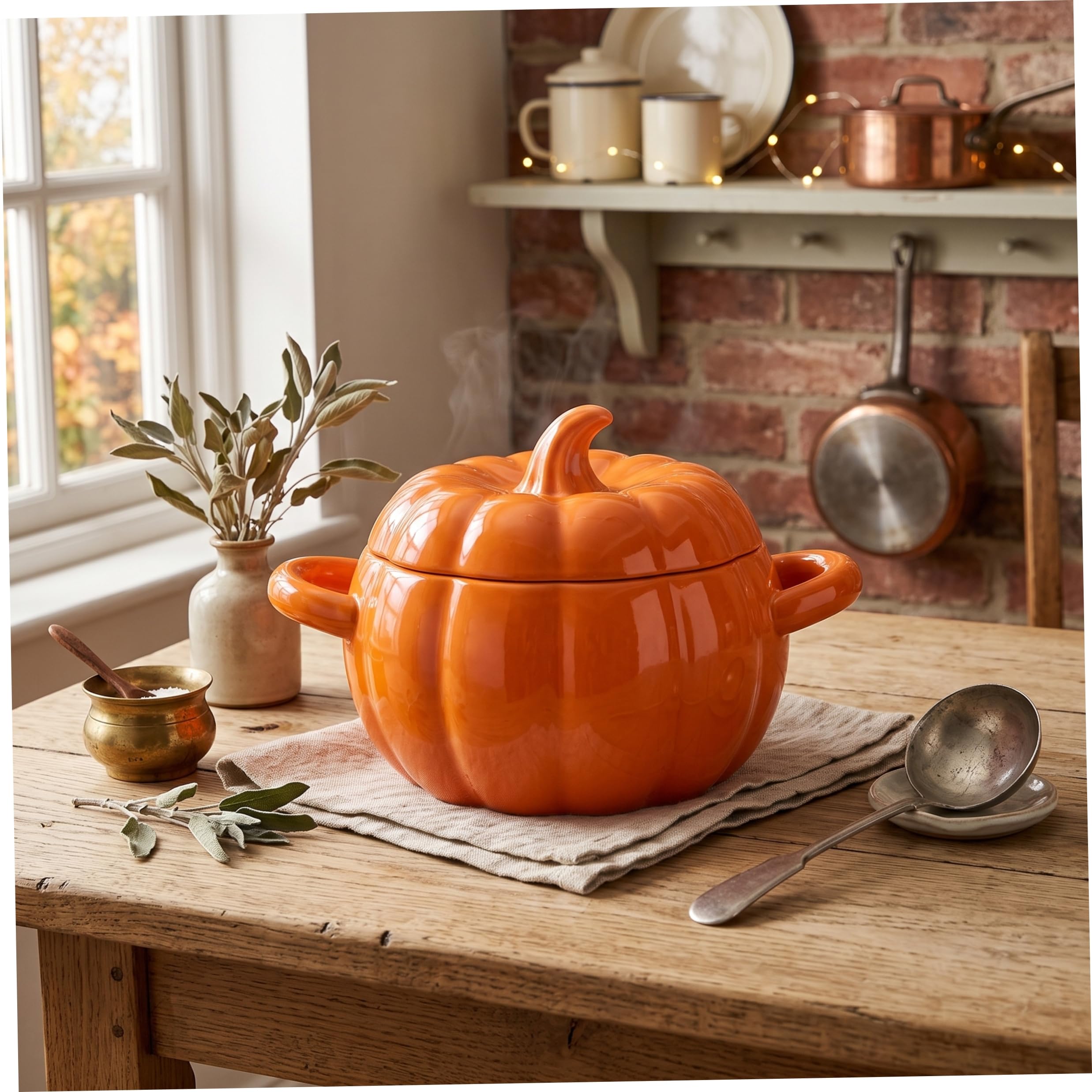 Dutch Ovens, Keramikschüssel mit Deckel, kürbisförmige Suppenschüssel mit Griffen zum Brotbacken, Schmoren, Suppenkochen, Orange