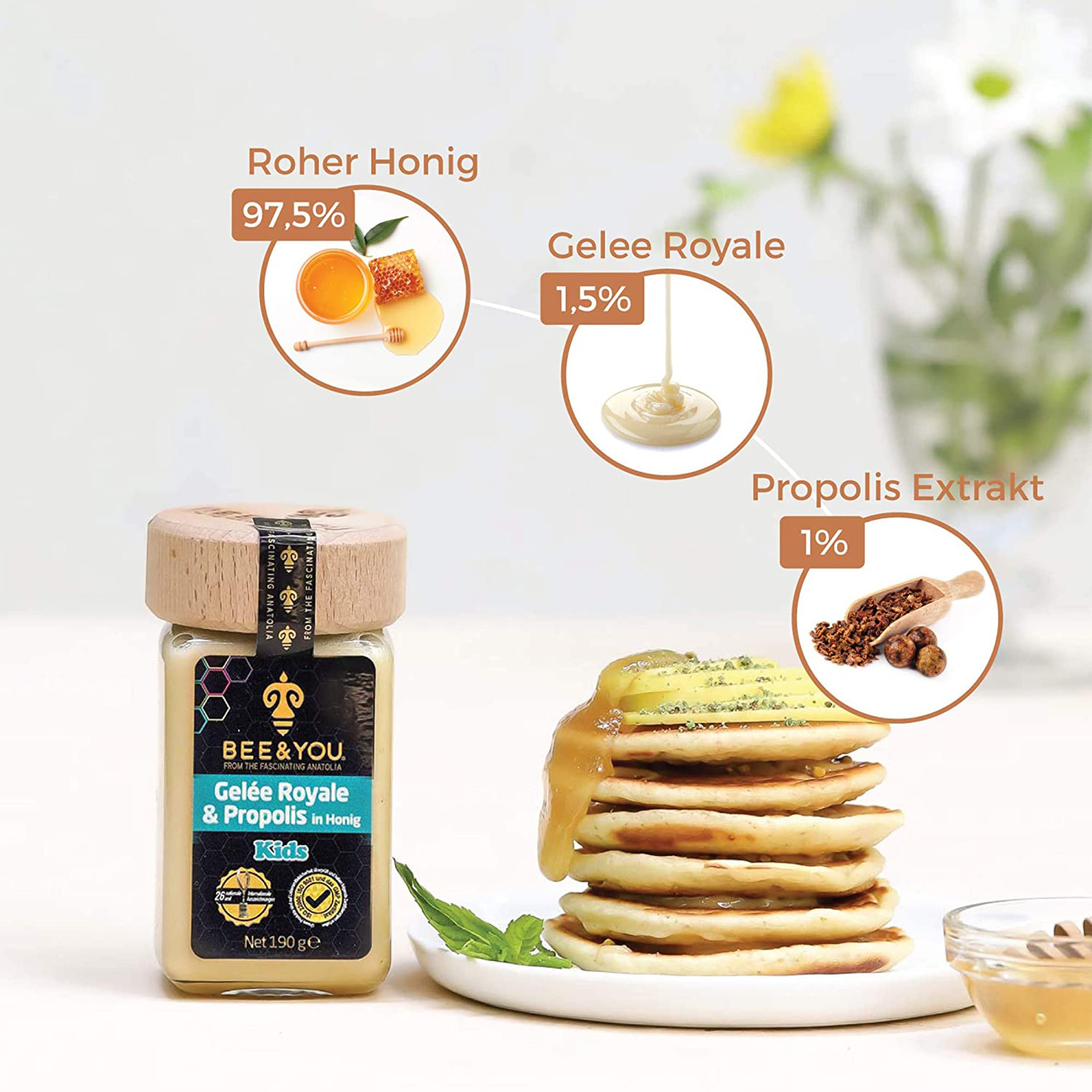 Bee&You Gelee Royale&Propolis in Honig für Kinder,100% natürlich, ohne Zusatzstoffe,Roher Honig,fairer Handel,natürliche&kontrollierte Zutaten,33 Auszeichnungen, 12 Zertifikate