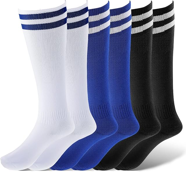 Fuyamp 3 Pairs Kids Football Socks, 3 Colors Childrens Unisex Anti-slip Towel Bottom Socks Long Breathable Soccer Sock for Rugby, Hockey, Running Or Training for Children Aged 5-12(Blue+White+Black)