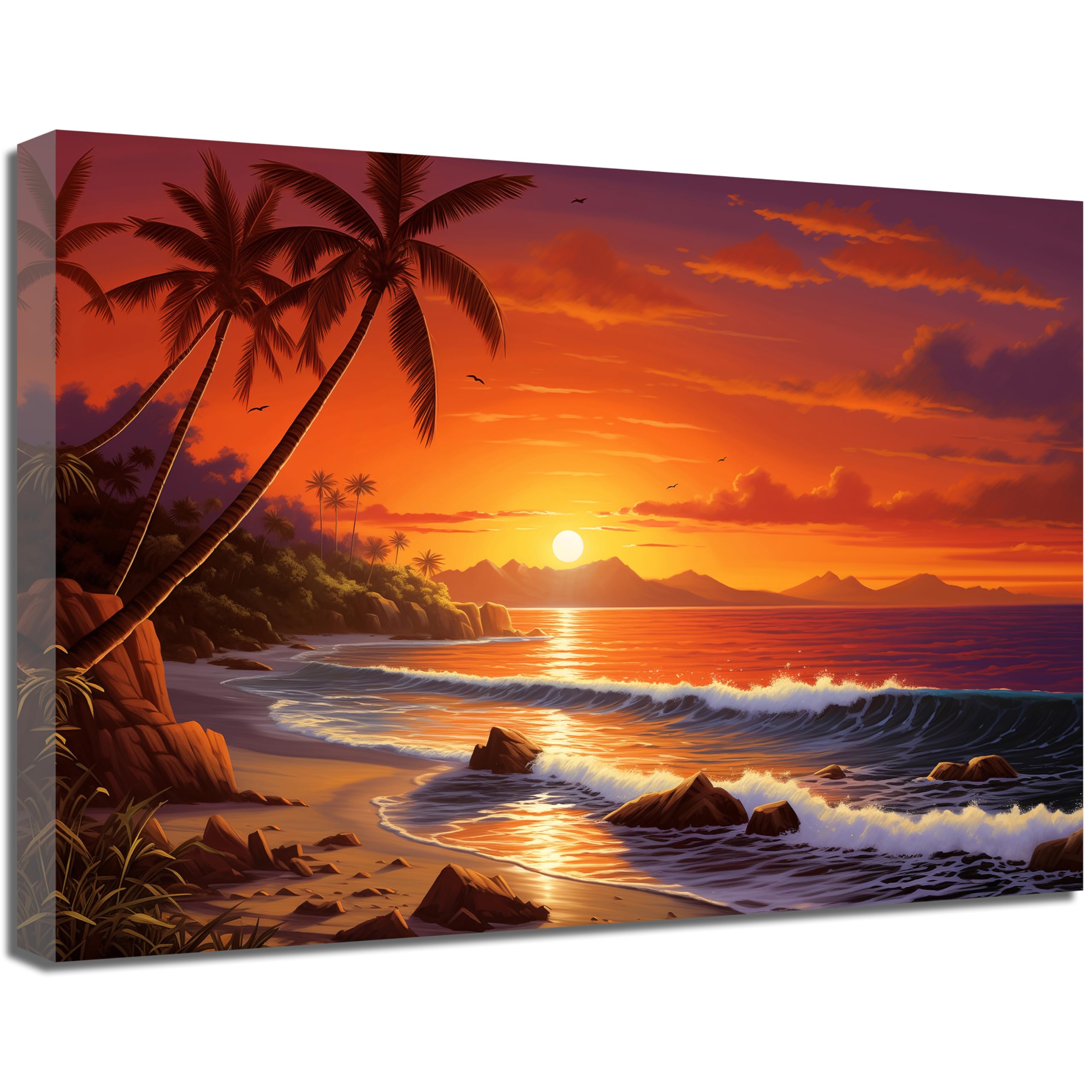 絵画 Sunset Beach QIXIANG Sunset Beach Canvas Wall Art Sea Waves Seascape Picture