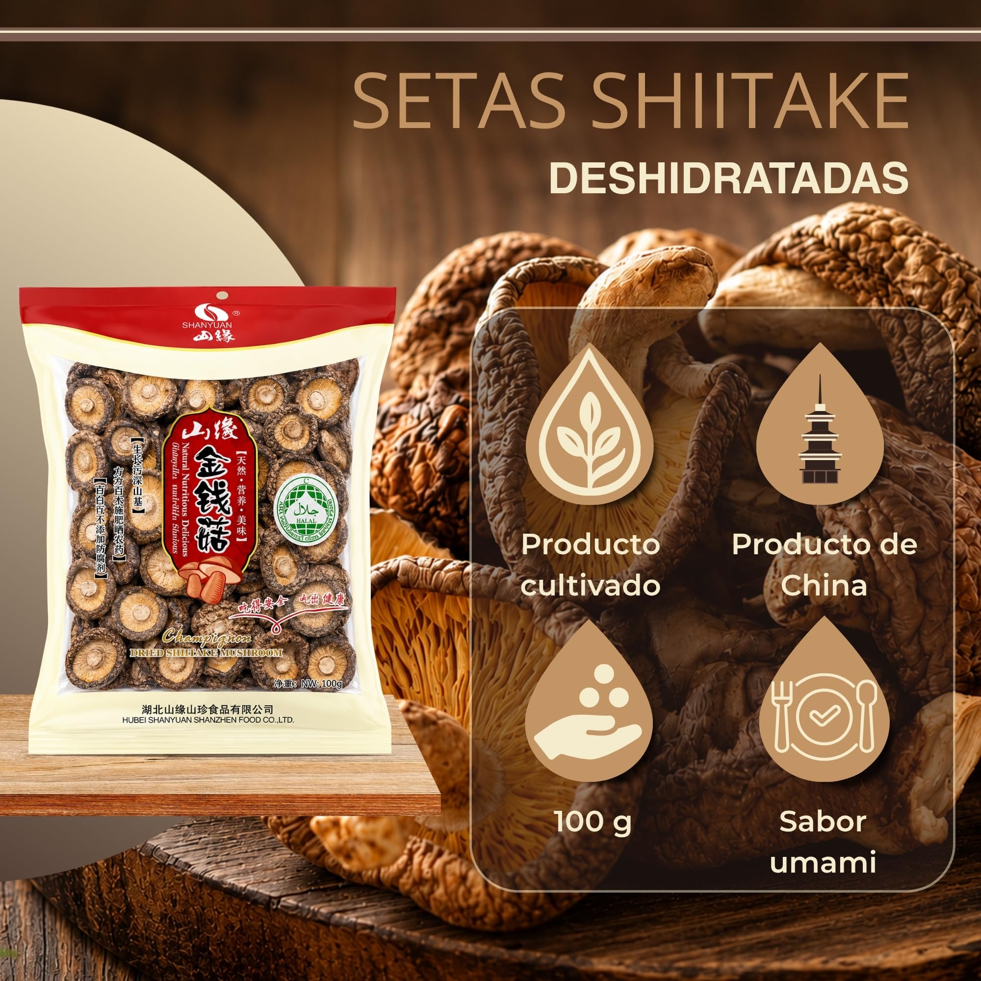 Setas Shiitake Deshidratadas, Hongos Enteros tamaño 2 a 3 cm, sabor umami, ideal para ramen, caldos, sopas y guisos, Sin Conservantes ni colorantes, aptas para veganos y celíacos, 1 Unidad de 100 gr