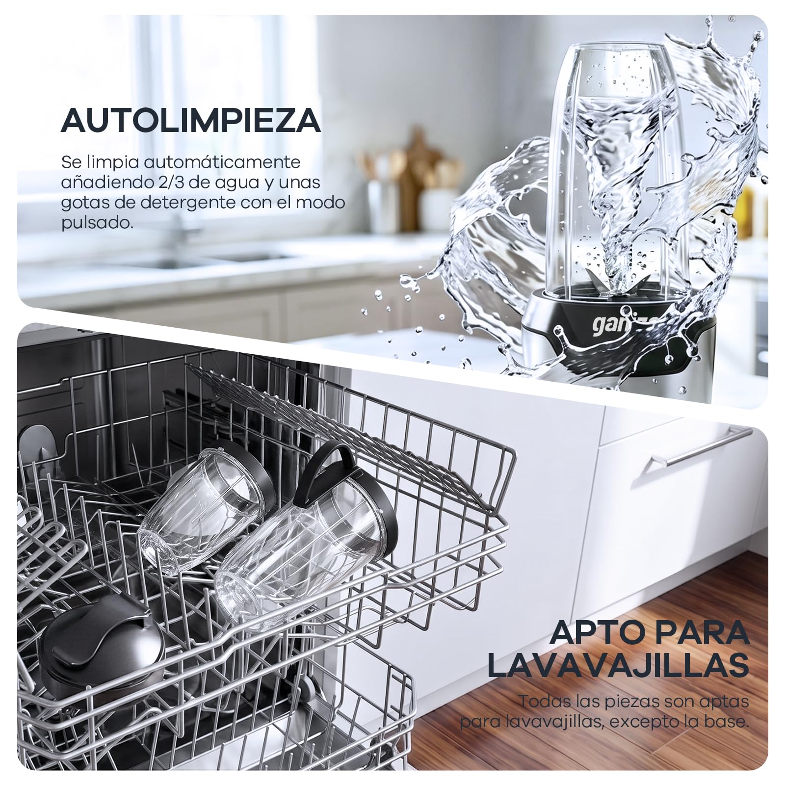 Ganiza Batidora de Vaso, 1300 W con 3 vasos mezcladores portátiles (2 de 1100 ml y 1 de 660 ml), 6 cuchillas de acero inoxidable, libre de BPA, batidora eléctrica para batidos y trituración de hielo