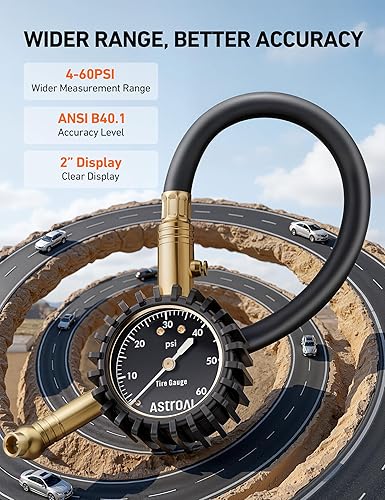 Miniatura 2 de AstroAI Medidor de presión de neumáticos para automóviles con dial grande de 2 pulgadas, latón macizo con manguera de goma, válvula de purga de