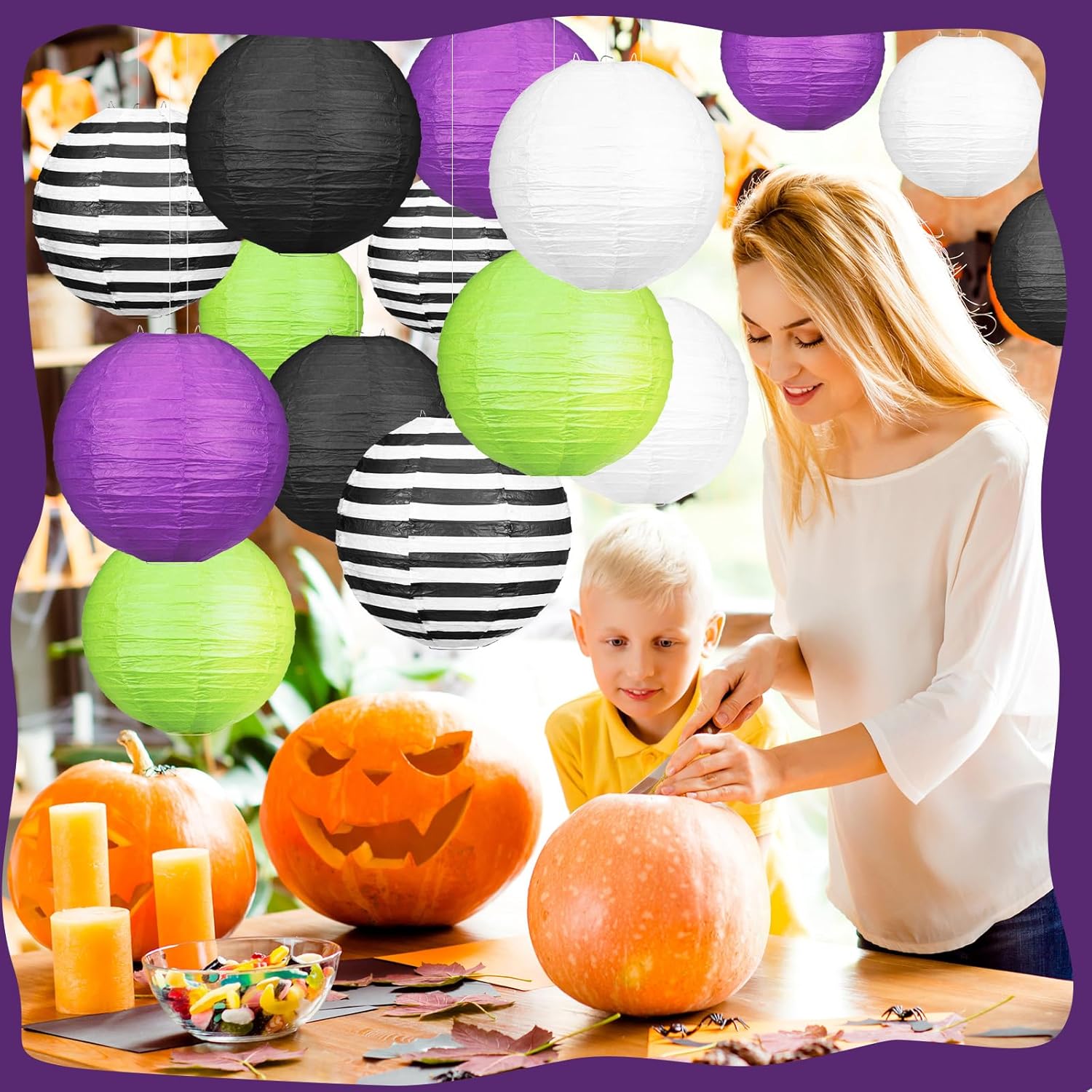 VIHOSE 15 Pcs Halloween Sandworm Hanging Paper Lanterns Set Halloween Party Decorations for Indoor & Outdoor Spooky Home Decor, Party Supplies Props 8"