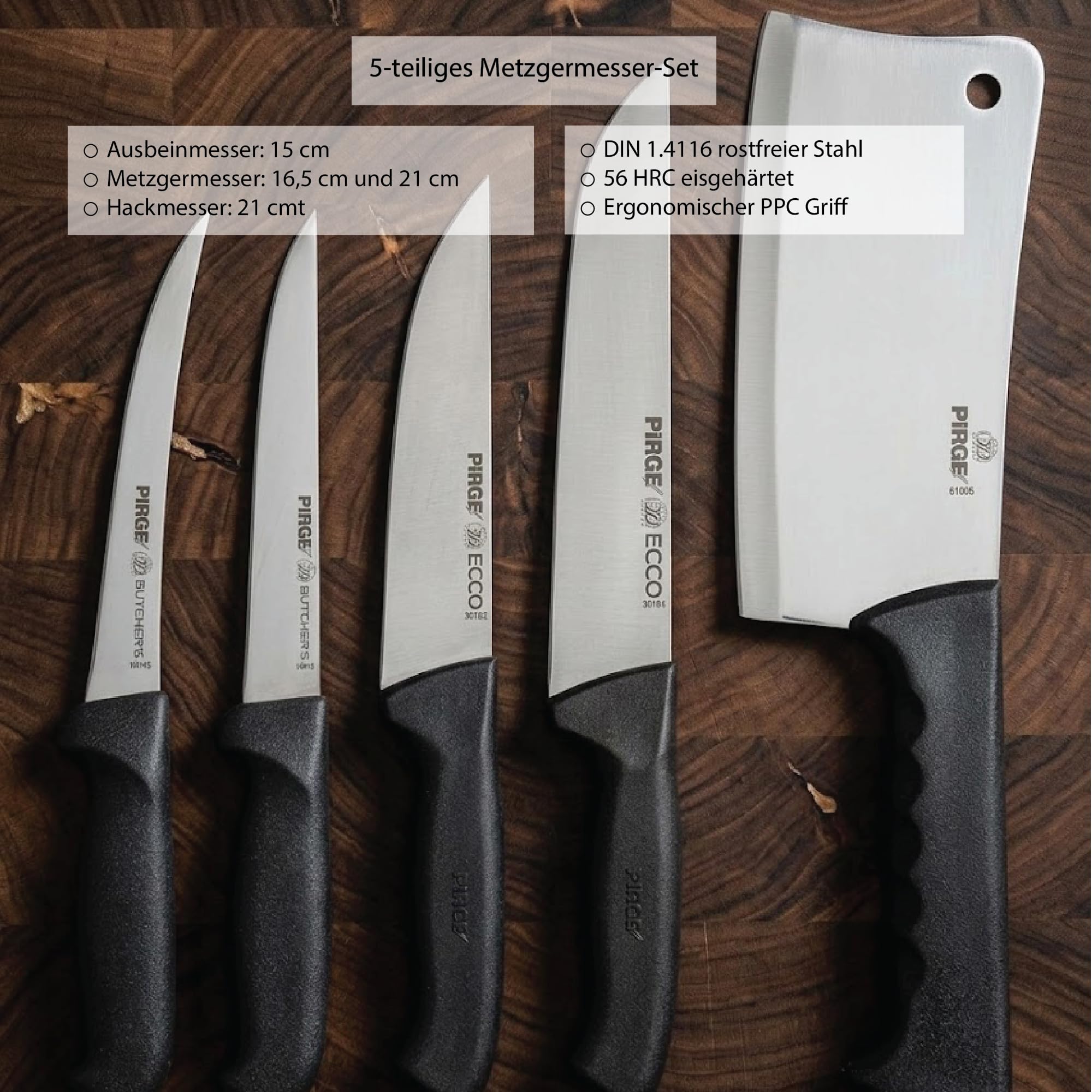 Pirge Set di coltelli da macellaio, 5 pezzi: affilatura eccellente - coltello da disosso - mannaia - coltelli da cucina professionali in acciaio inossidabile - design ergonomico