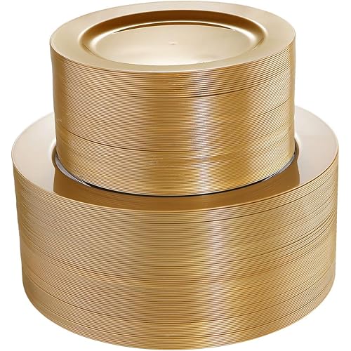 I00000 102 Pieces Solid Gold Disposable Plates, Gold Plastic Plates, Premium Plastic Party Plates Includes: 51 Dinner Plates 10.25 Inch and 51 Salad/Dessert Plates 7.5 Inch