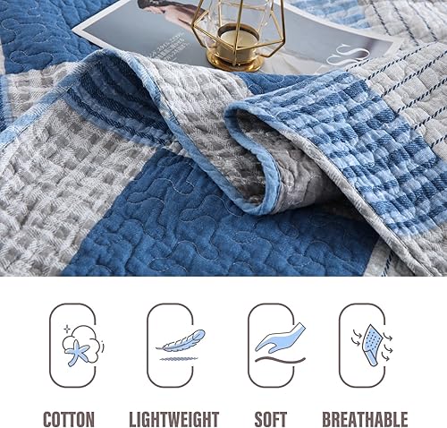 Miniatura 9 de Y-PLWOMEN Juego de edredón tamaño King, edredón 100% algodón King, edredón de retazos azules, rojos y blancos, tamaño King, colcha ligera reversible