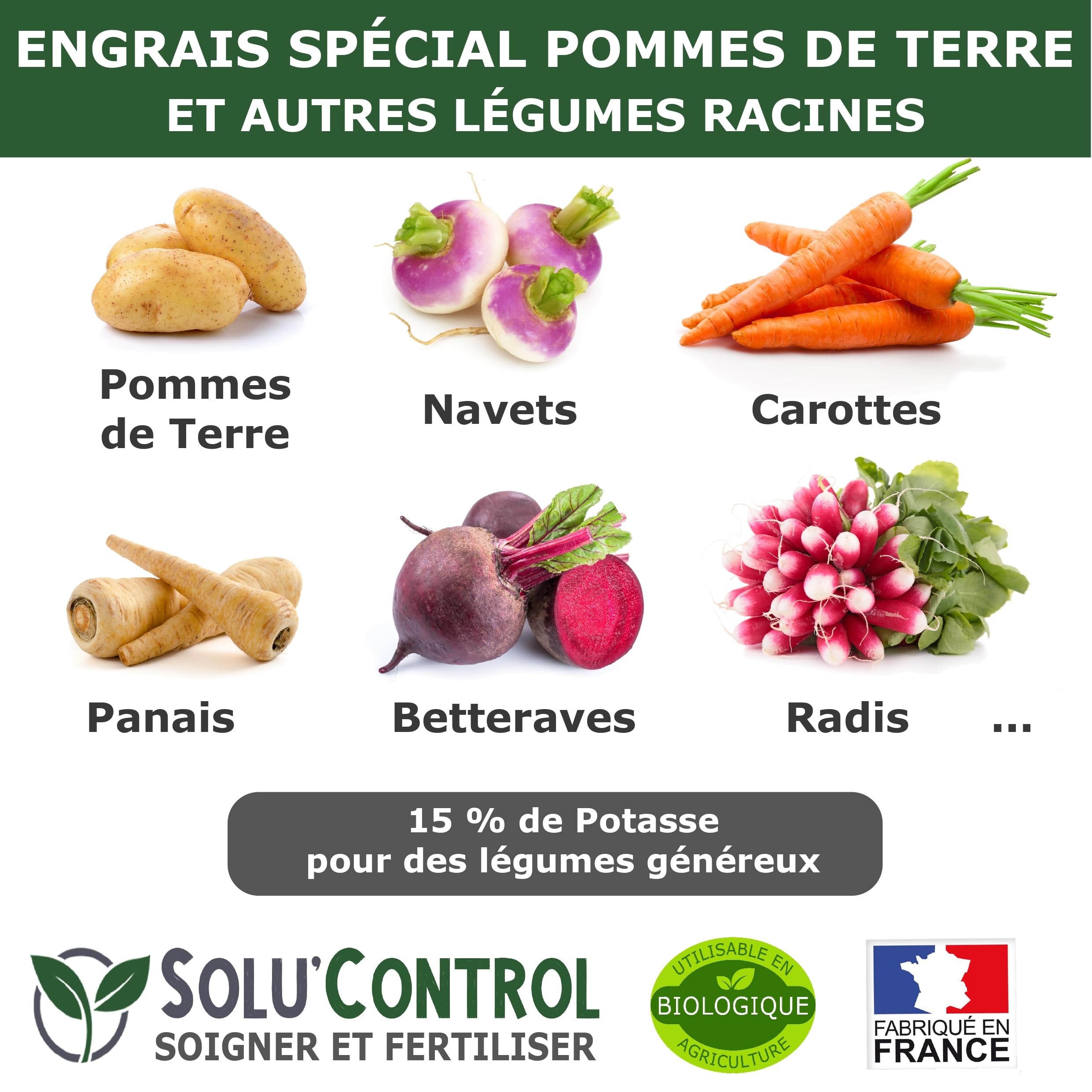 5 kg d'Engrais Spécial Pommes de terre et légumes racines 4-3-15 - Enrichi en Potasse - Favorise la croissance, le grossissement et la conservation des tubercules - UAB - Fabriqué en France