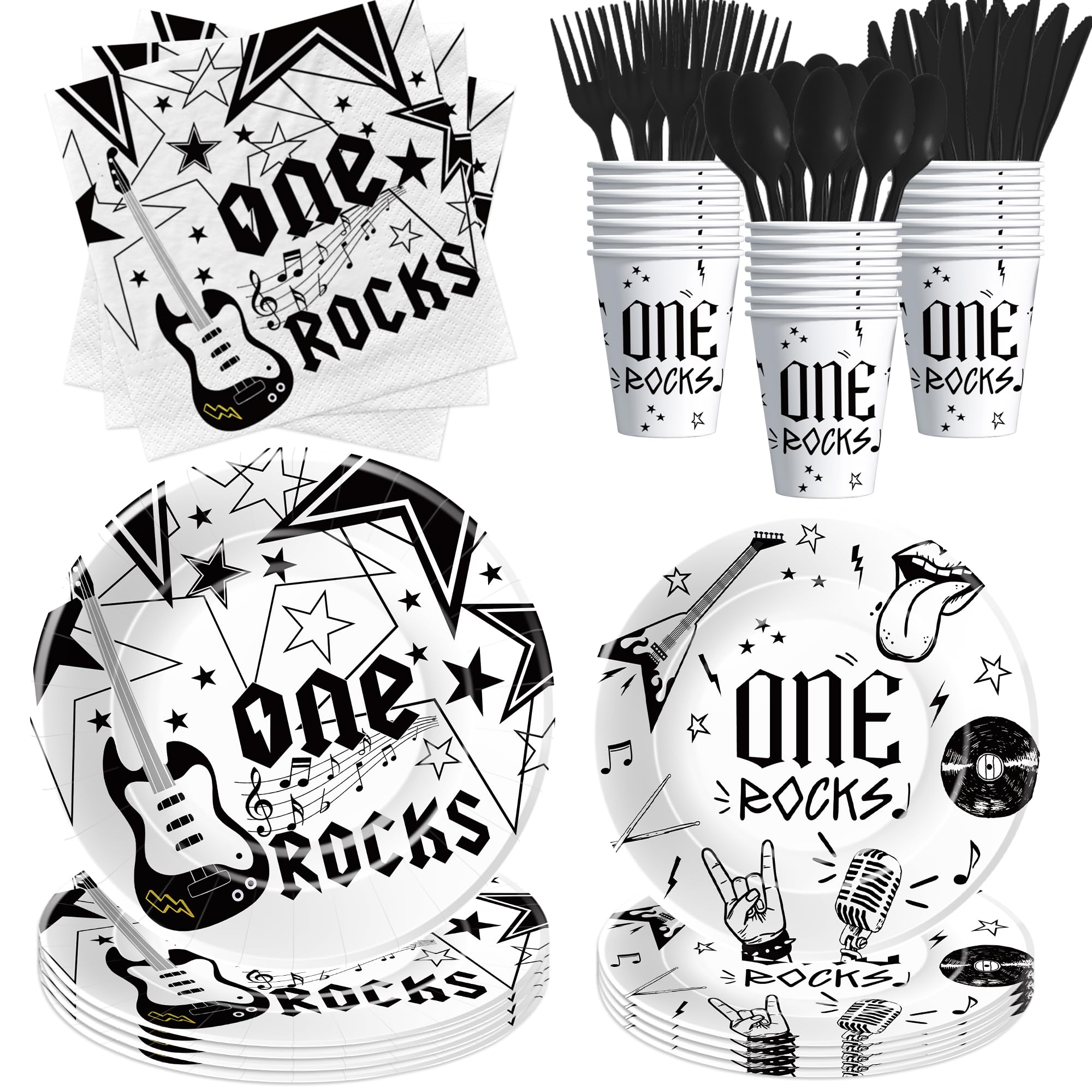 YJRJSC Rock And Roll First Birthday Party Tableware - One Rocks 1st Birthday Decorations for Music Guitar Pop Star Rock N Roll Party, Paper Plate,