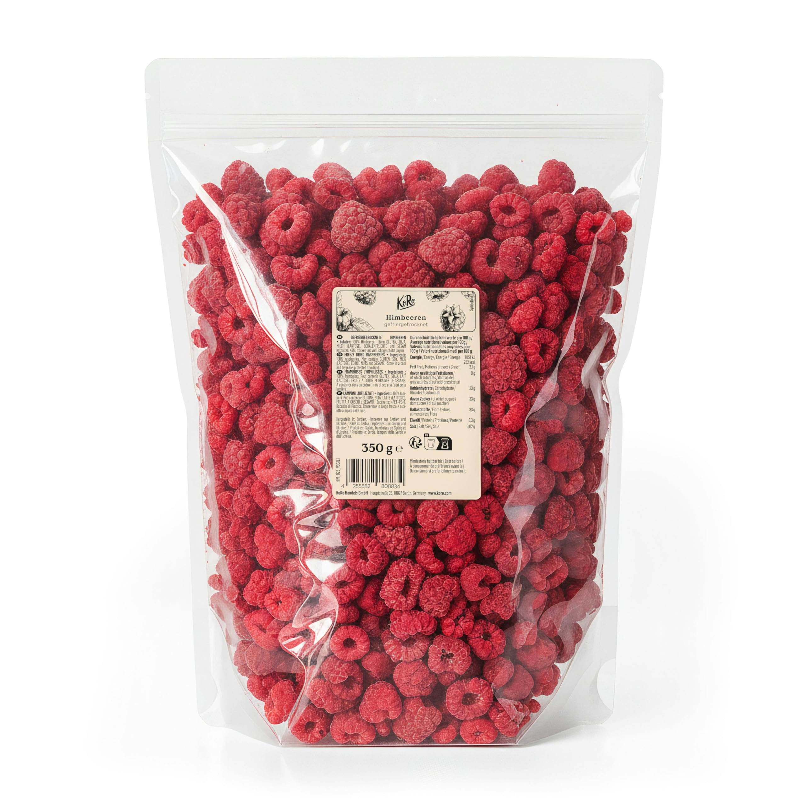 KoRo – Framboises lyophilisées 350 g – 100 % framboises sans additifs – Riche en fibres – Fruité et aromatique – En garniture pour le muesli, les chocolats ou comme collation entre les repas