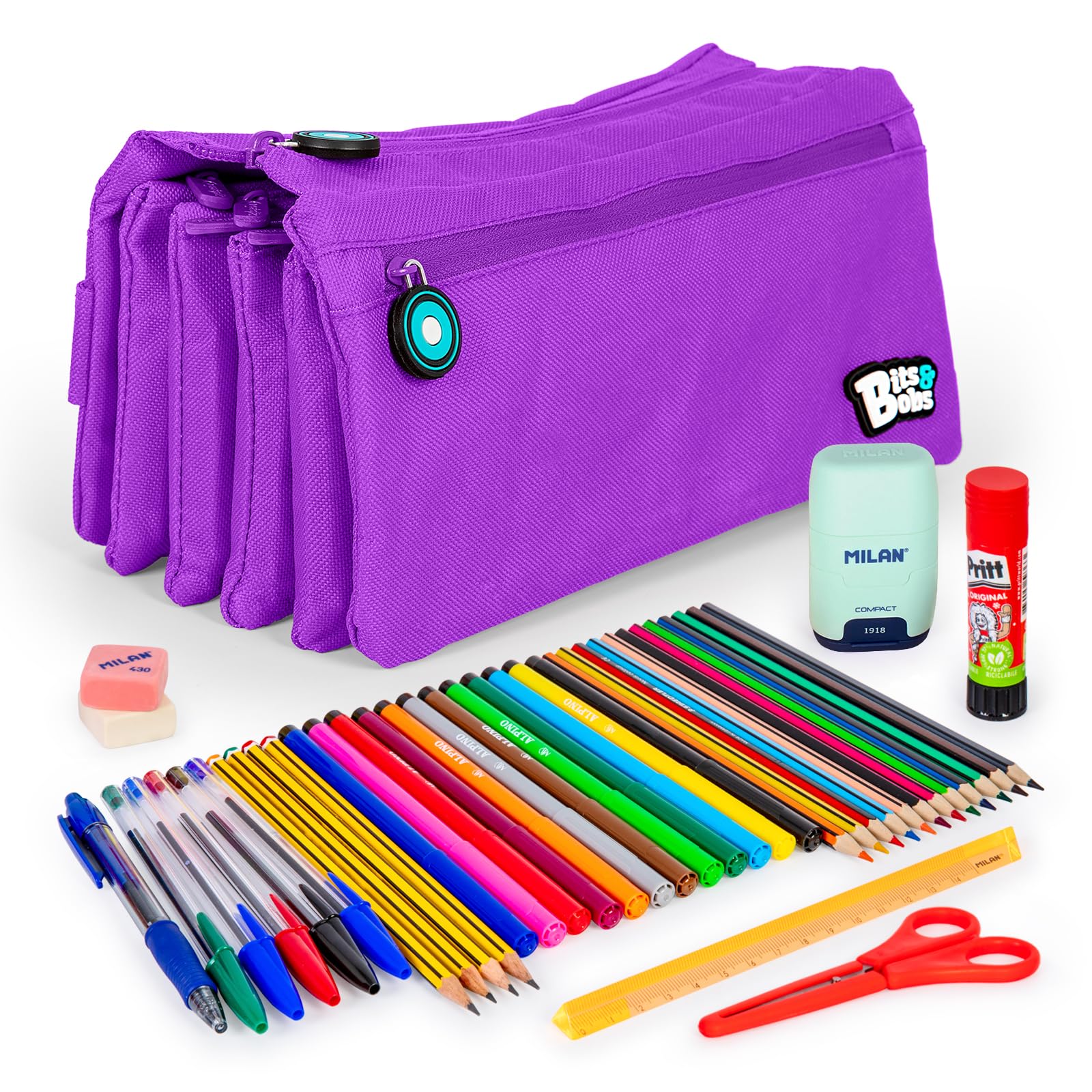 ColePack - Lote de Estuche Portatodo Cuádruple con 4 Cremalleras y Material Escolar de Primeras Marcas Incluido (Morado)