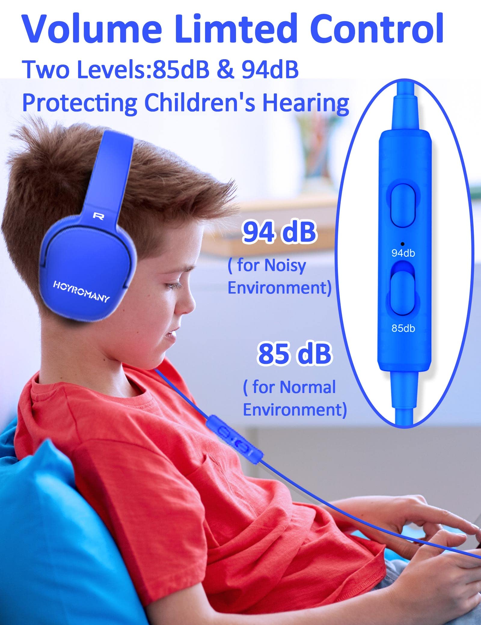 K3 Auriculares Niños con Cable, Auriculares Infantiles Limitación de Volumen de 85dB/94dB, Conector de 3,5 MM, Sonido Estéreo, Plegable Musica Cascos Niña (Azul)