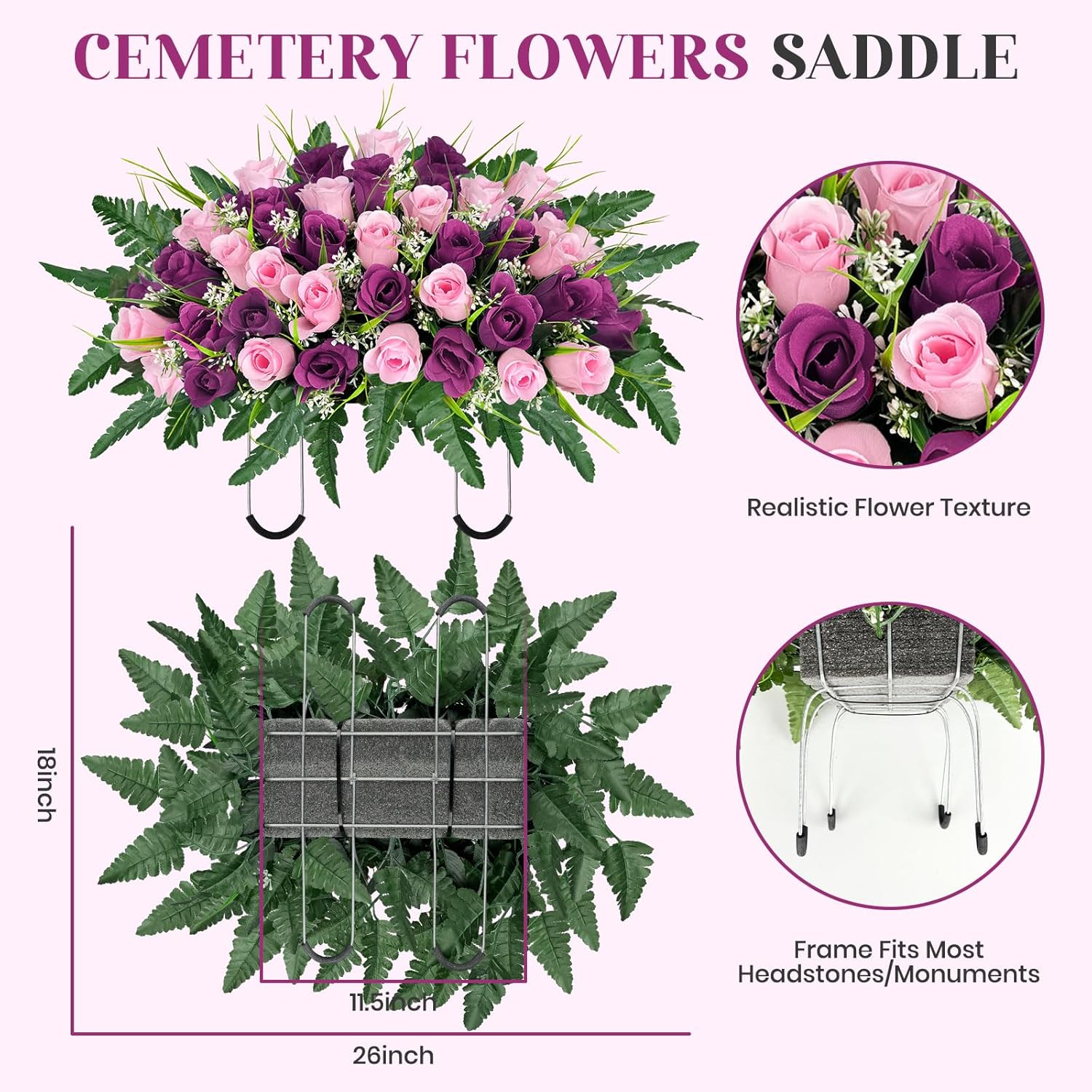 ICX Cemetery Headstone Flower Saddle, Artificial Cemetery Flowers for Grave, Memorial Day Rose Flowers, Grave Flowers for Outdoor Tombstone Decorations for Remberance (Pink)